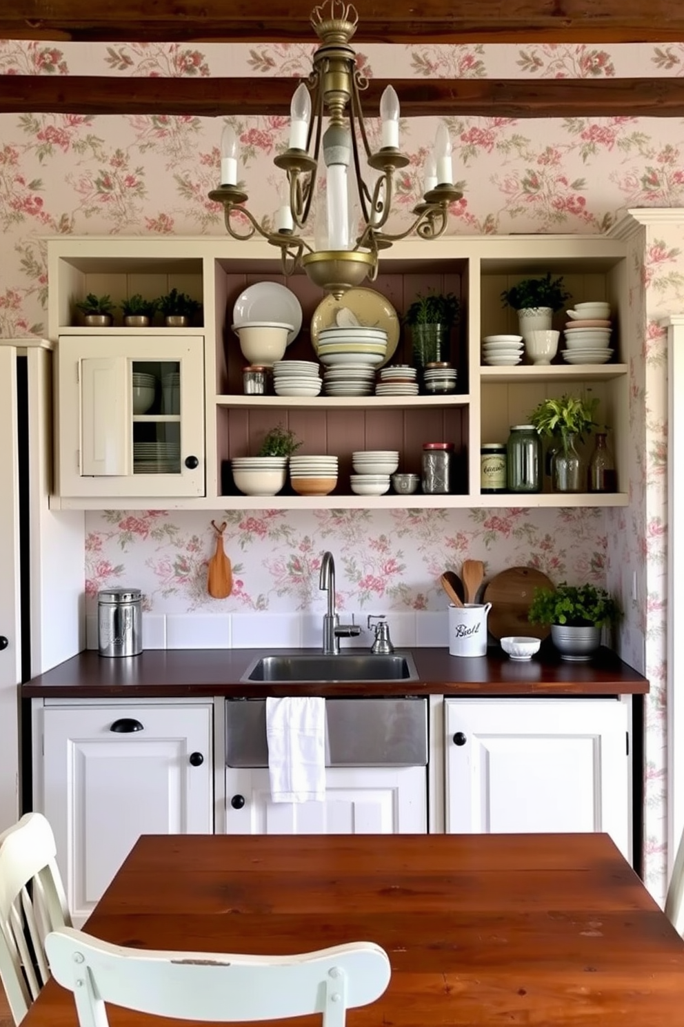 Cozy cottage vibes with vintage accents. The kitchen features distressed wooden cabinets painted in soft pastel colors, complemented by a farmhouse sink and a rustic wooden dining table. The walls are adorned with floral wallpaper that adds a touch of charm. A vintage chandelier hangs above the table, while open shelves display an array of antique dishware and mason jars filled with herbs.