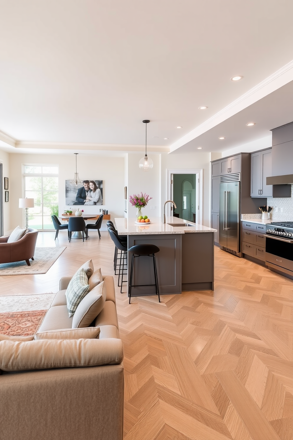 A modern European kitchen featuring integrated appliances that blend seamlessly with the cabinetry. The sleek design includes a large island with a waterfall countertop, surrounded by minimalist bar stools. The cabinetry is finished in a soft matte white, complemented by brass hardware for a touch of elegance. Large windows allow natural light to flood the space, highlighting the open layout and inviting atmosphere.