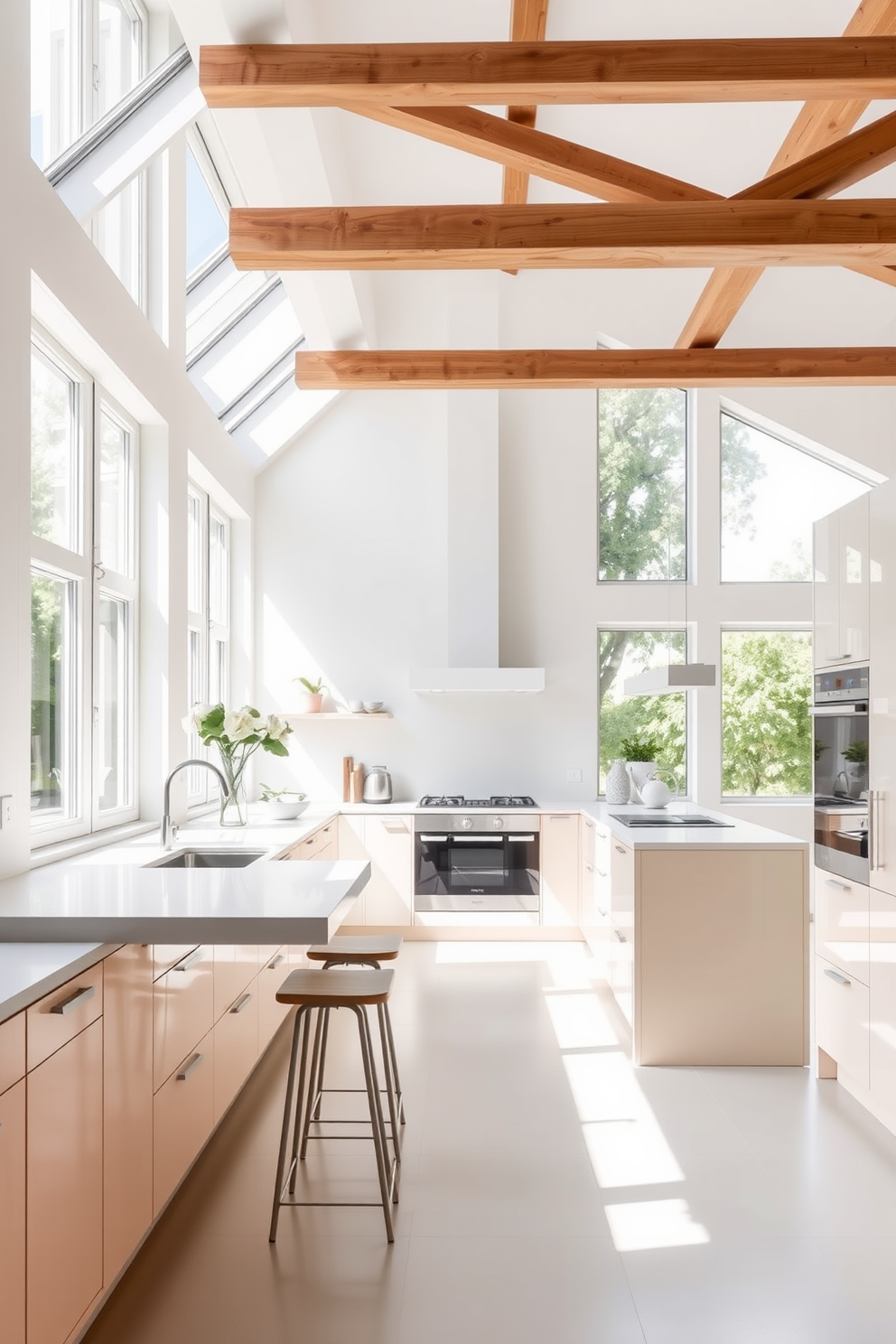 A charming European kitchen featuring a farmhouse sink with modern fixtures. The cabinetry is painted in a soft blue, complemented by brass hardware and open shelving displaying rustic dishware. The countertops are made of white quartz, providing a bright contrast to the darker wood flooring. A large window above the sink allows natural light to flood the space, enhancing the cozy atmosphere.