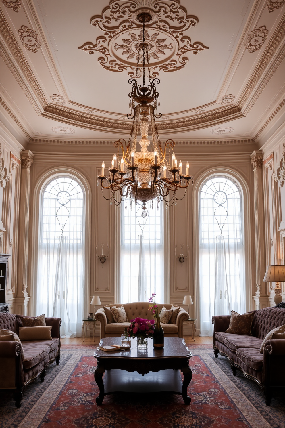 A grand European living room adorned with an elegant chandelier that casts a warm glow across the space. Plush sofas in rich fabrics are arranged around a classic coffee table, with intricate moldings and soft pastel colors enhancing the timeless ambiance.