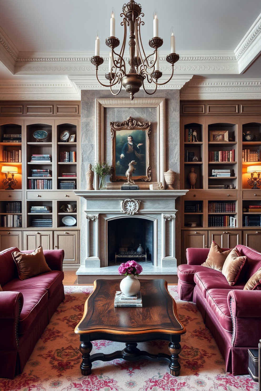 A stunning European living room featuring a statement fireplace as the focal point. The fireplace is adorned with intricate stonework and flanked by elegant built-in bookshelves filled with curated decor and books. The seating area includes a plush sectional sofa in rich fabrics, arranged around a vintage wooden coffee table. Soft lighting from ornate chandeliers and sconces creates a warm and inviting ambiance throughout the space.