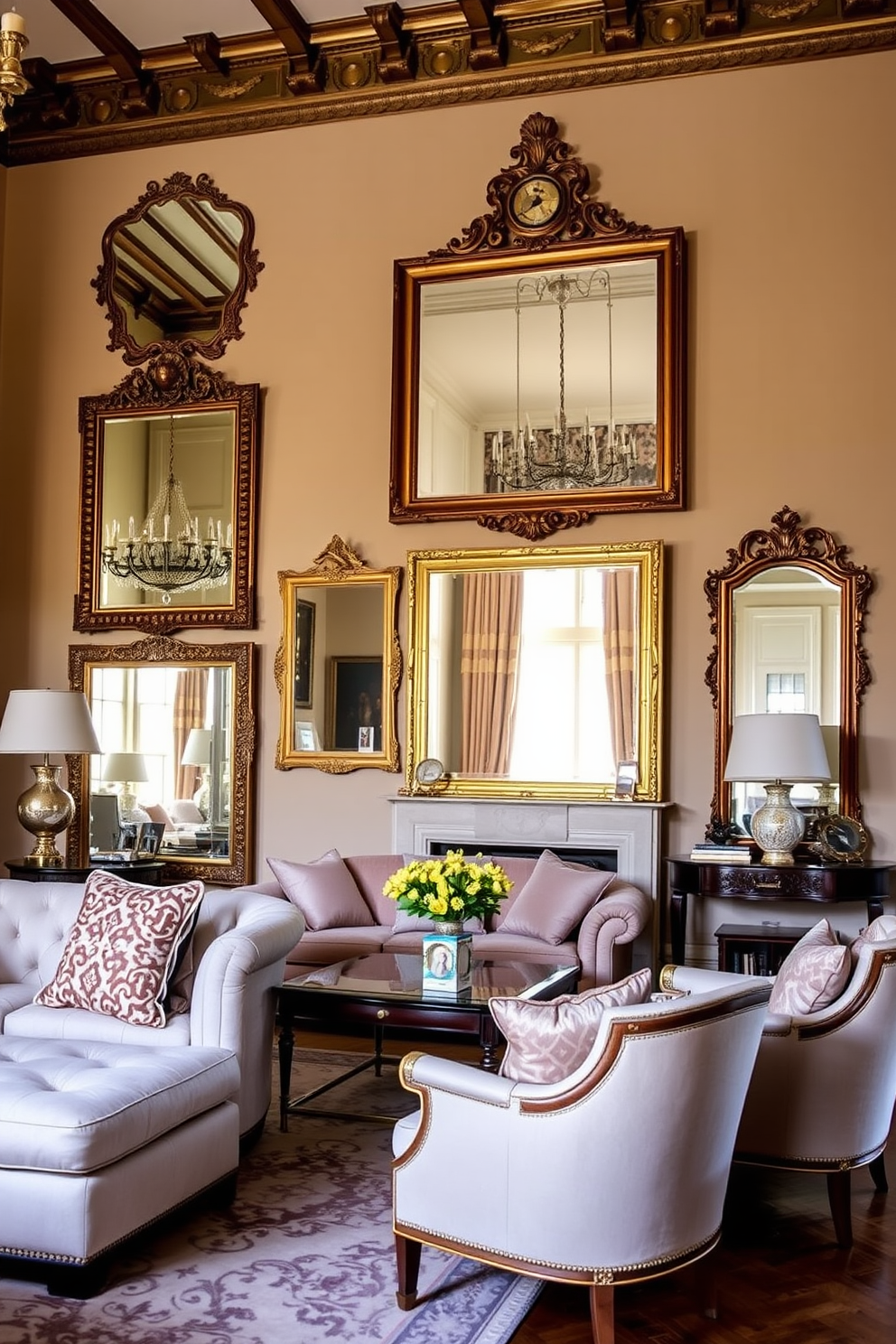 A European living room features decorative mirrors that amplify the sense of space and light. The room is adorned with elegant furniture, including a plush sofa and stylish armchairs, arranged to create a warm and inviting atmosphere.