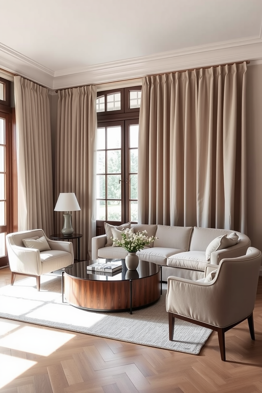 A European living room designed for an airy feel features soft linen curtains that gently filter natural light. The space includes a plush sofa in neutral tones paired with a stylish coffee table and accent chairs, creating a cozy yet elegant atmosphere.