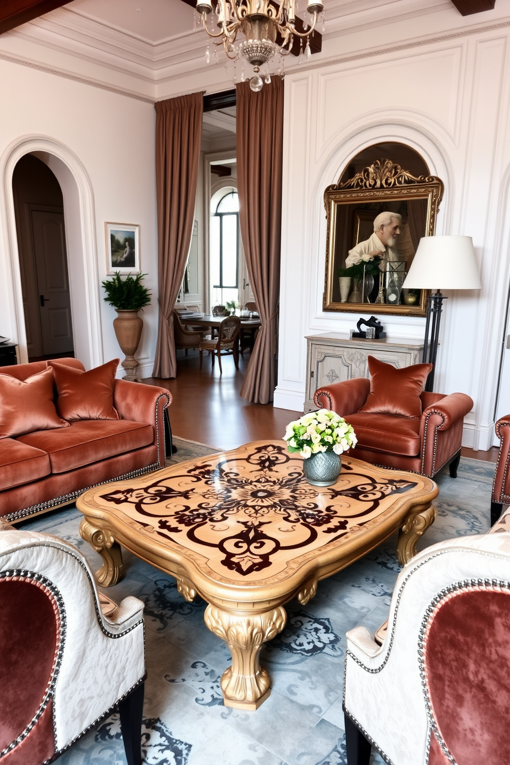 A stylish coffee table with intricate design takes center stage in a European living room. Surrounding the table are plush sofas adorned with luxurious fabrics, and elegant accent chairs that complement the overall aesthetic.