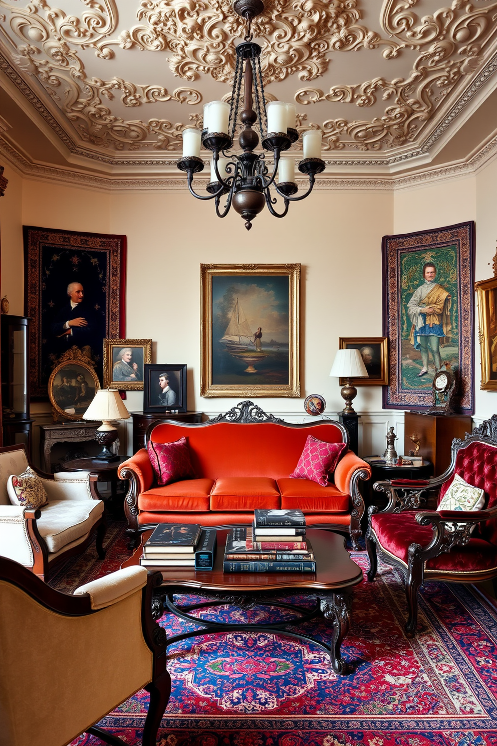 A European living room adorned with antique accessories that evoke a sense of history and elegance. The space features a vintage chandelier hanging from a beautifully detailed ceiling, complemented by a plush velvet sofa and intricately carved wooden armchairs. Decorative elements include a collection of antique books on a mahogany coffee table and ornate picture frames showcasing classic artwork. Rich tapestries adorn the walls, while a Persian rug anchors the seating area, adding warmth and character to the room.