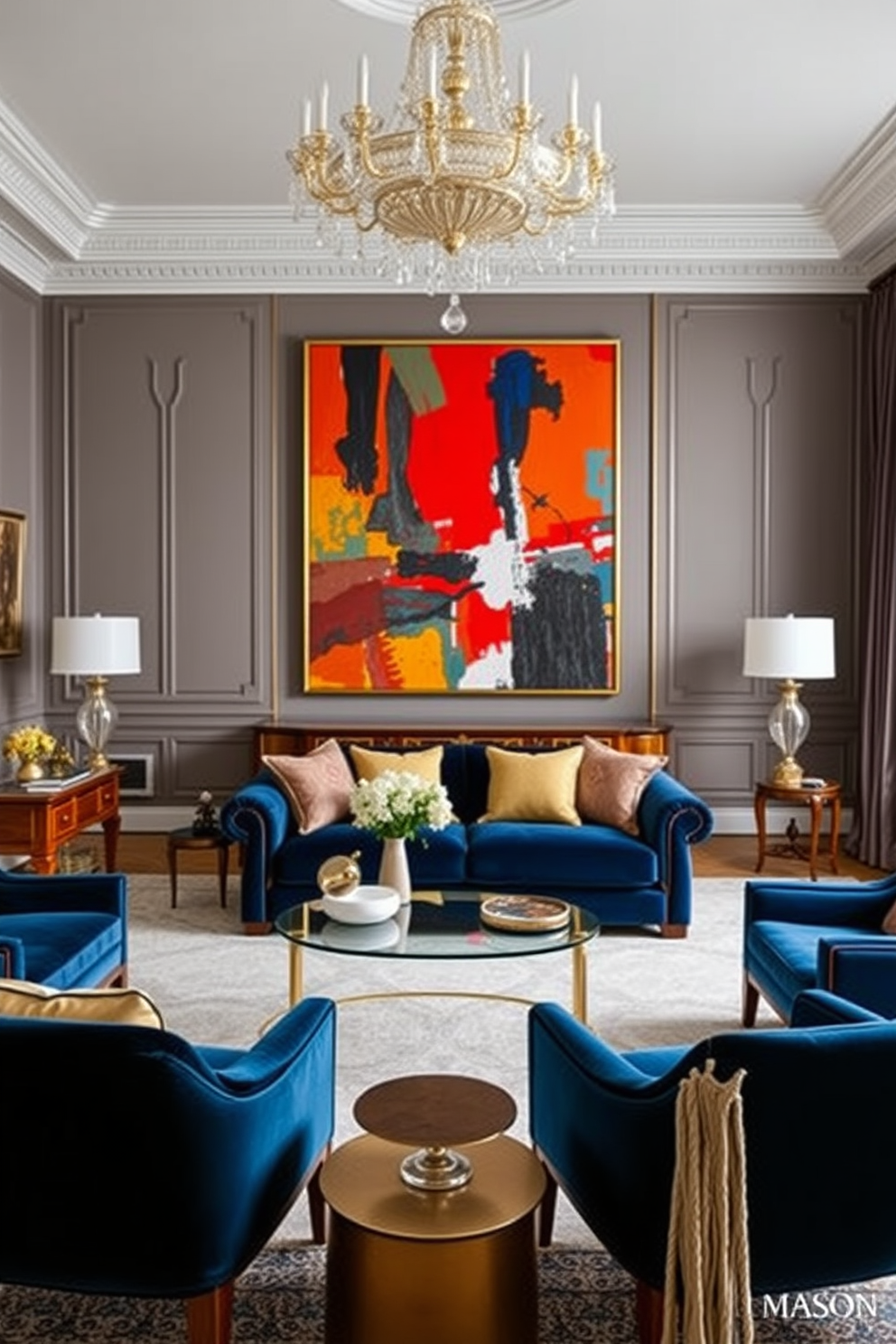 A European living room featuring bold artwork that draws the eye. The space is adorned with a plush velvet sofa in deep blue, complemented by a large abstract painting in vibrant colors on the main wall. Elegant wooden furniture pieces add warmth, while a chic coffee table sits at the center, surrounded by stylish accent chairs. The room is illuminated by a stunning chandelier, enhancing the sophisticated ambiance of the space.