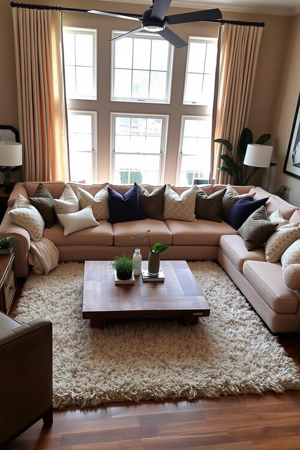 A cozy living room featuring a large sectional sofa adorned with an array of plush cushions in various textures and colors. The walls are painted in a soft beige, complemented by elegant drapes that frame the windows, allowing natural light to fill the space. A stylish coffee table made of reclaimed wood sits in the center, surrounded by a plush area rug that adds warmth to the room. Decorative elements include a mix of contemporary art pieces and potted plants that bring life to the overall design.