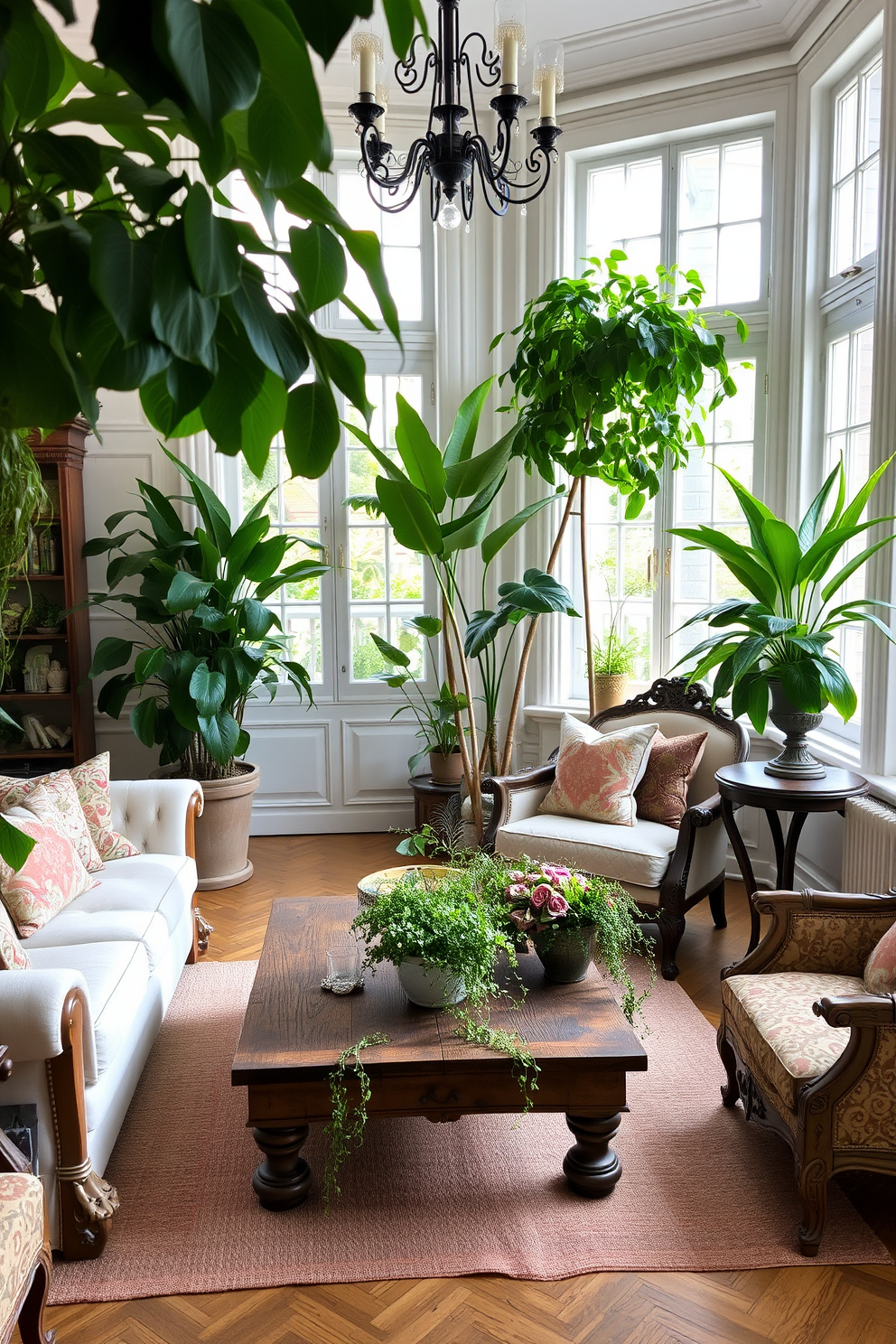 A cozy European living room filled with natural light. Lush indoor plants are strategically placed around the room, adding vibrant greenery to the elegant furnishings. The space features a plush sofa in soft neutral tones paired with ornate accent chairs. A rustic wooden coffee table sits in the center, surrounded by carefully curated decor and indoor plants for a refreshing touch.