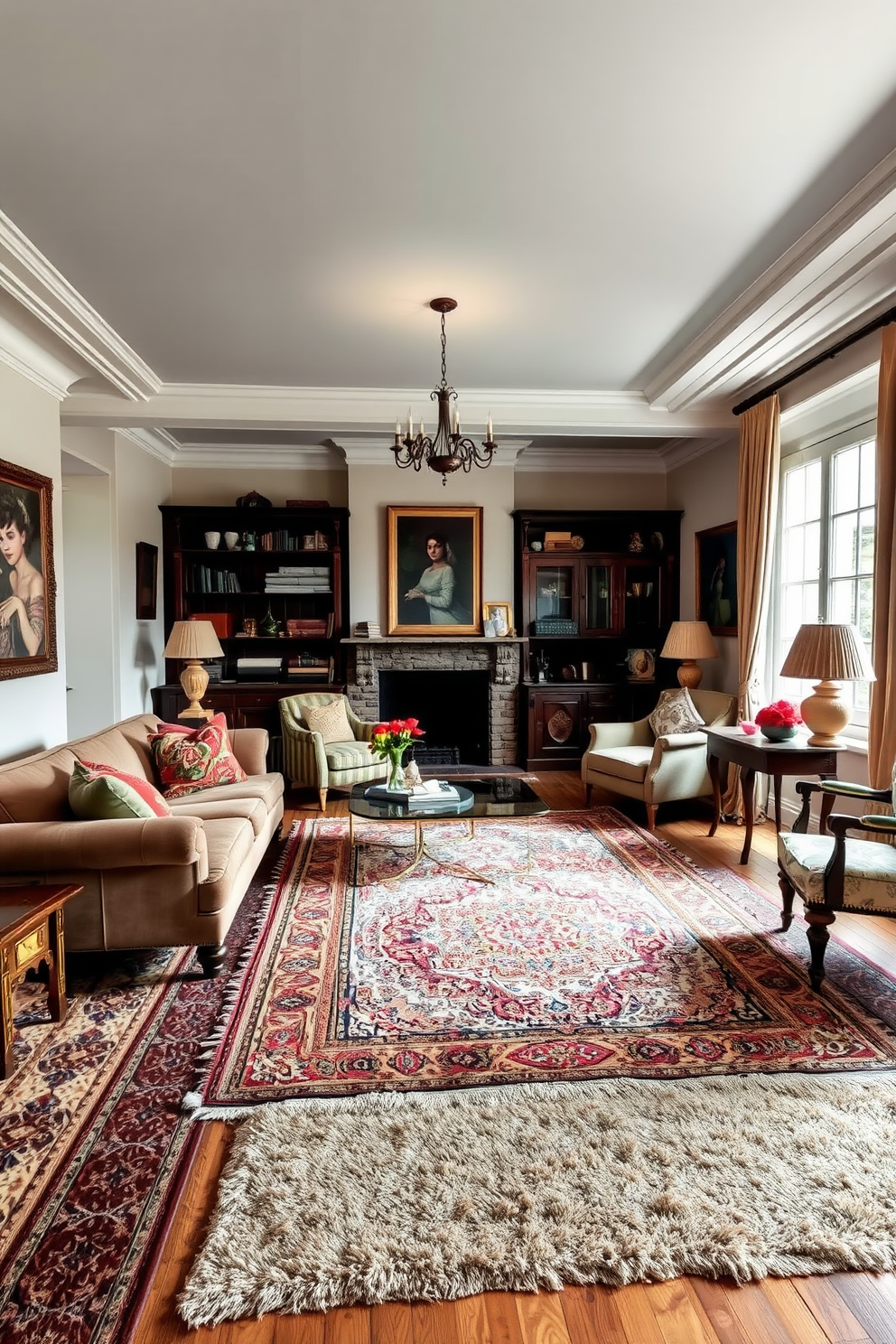 A cozy European living room features layered rugs in varying textures and patterns, creating a warm and inviting atmosphere. The space is adorned with plush seating, elegant light fixtures, and a combination of vintage and modern decor elements.