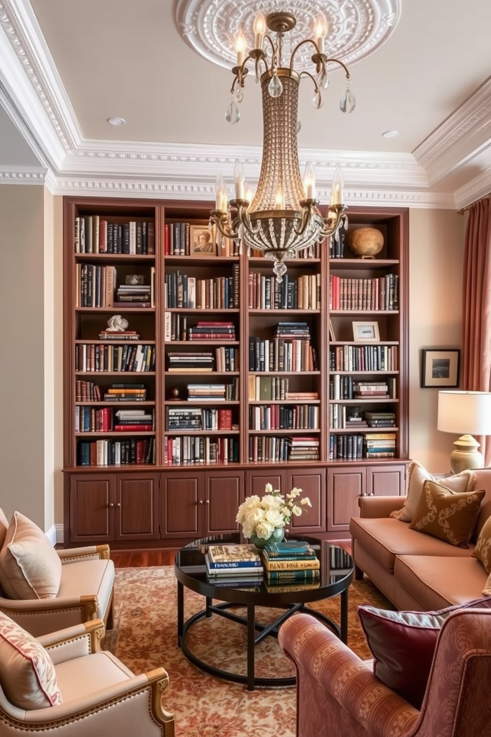 Personalized bookshelves for a cozy reading nook. The shelves are filled with an eclectic mix of books and decorative items, surrounded by plush seating and soft lighting. European living room design ideas. The space features elegant furniture with rich fabrics, a statement chandelier, and a warm color palette that invites relaxation and conversation.