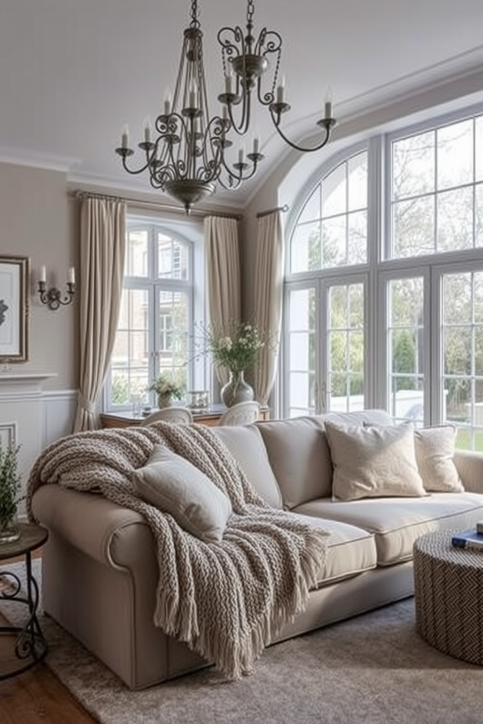 A cozy European living room featuring a plush sofa adorned with textured throw blankets in soft neutral tones. The room is illuminated by a stylish chandelier, with large windows allowing natural light to fill the space, complemented by elegant drapes.