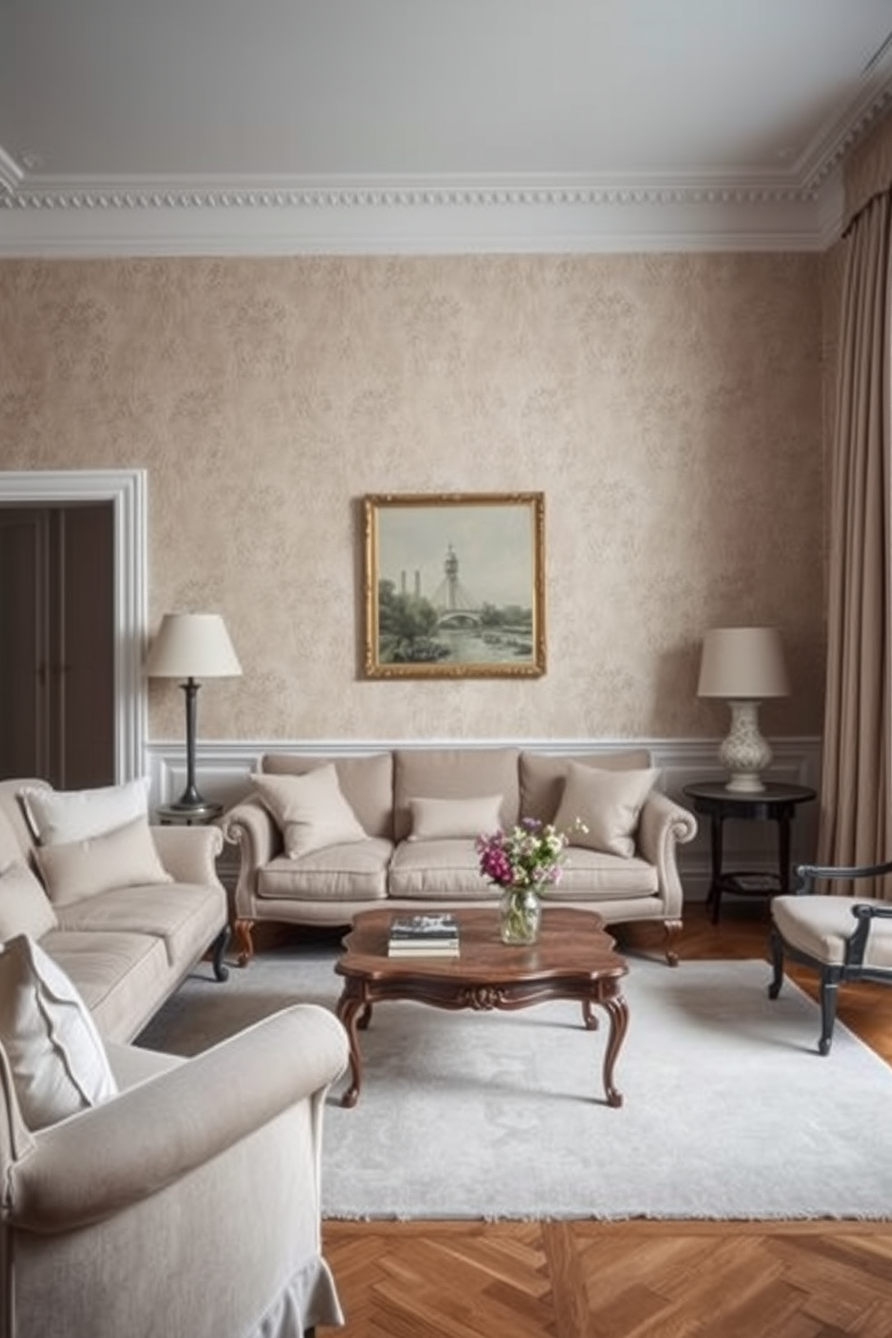 A European living room adorned with muted wallpaper that exudes subtle elegance. The space features plush seating in soft neutral tones, complemented by a vintage coffee table that adds character to the room.