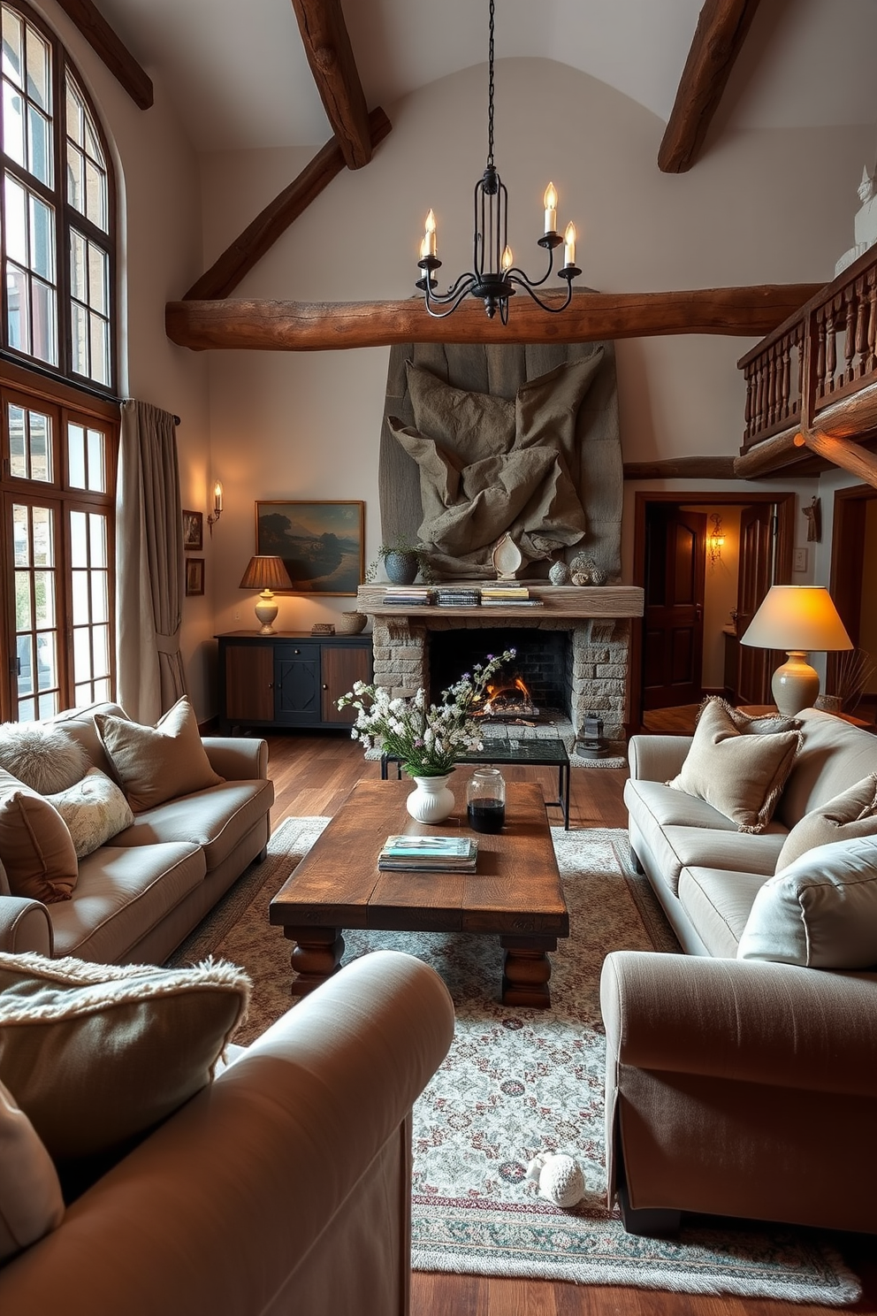 A cozy European living room featuring rustic wooden accents that add warmth and charm. The space includes a large wooden coffee table surrounded by plush sofas adorned with soft textiles, creating an inviting atmosphere.