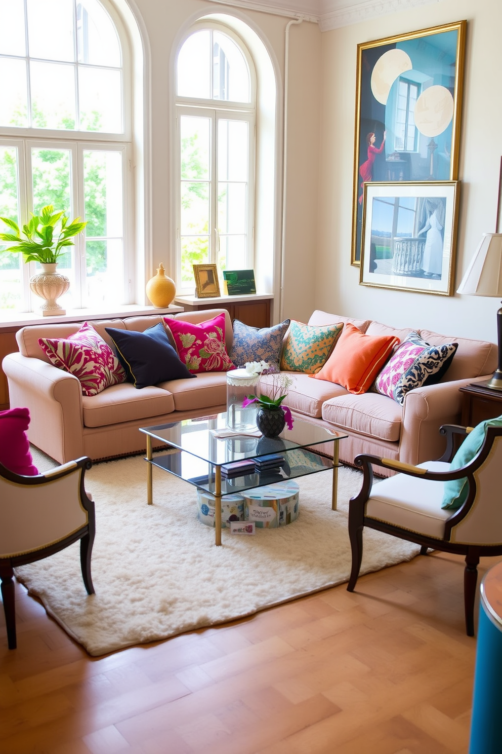 A vibrant European living room filled with natural light. The space features a plush sofa adorned with colorful accent pillows in various patterns and textures, creating a lively focal point. A chic coffee table sits in front of the sofa, complemented by stylish side chairs that enhance the room's elegance. The walls are decorated with art pieces that reflect European culture, while a soft area rug anchors the seating arrangement.