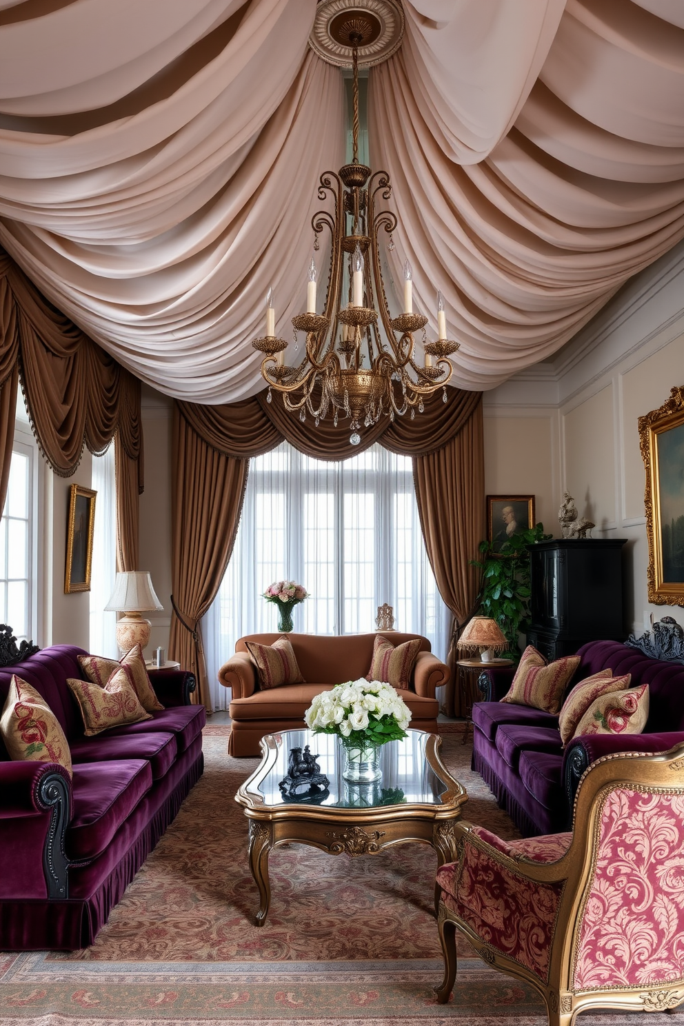 A cozy European living room features a plush sofa adorned with textured throws in varying shades of cream and taupe. The space is complemented by a rustic coffee table made of reclaimed wood, surrounded by elegant armchairs with soft upholstery. Natural light floods the room through large windows draped with sheer curtains, creating an inviting atmosphere. A subtle area rug anchors the seating arrangement, adding warmth and depth to the design.