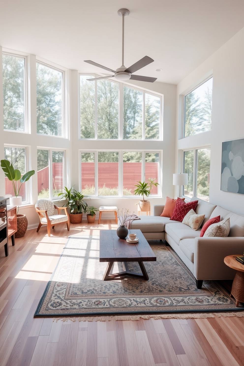 A European living room designed with neutral palettes complemented by vibrant accent colors. The space features a plush beige sofa adorned with colorful throw pillows, elegant drapes framing large windows, and a sleek coffee table at the center. Warm wooden flooring enhances the inviting atmosphere, while a statement art piece adds personality to the walls. Soft lighting from stylish fixtures creates a cozy ambiance, perfect for both relaxation and entertaining guests.