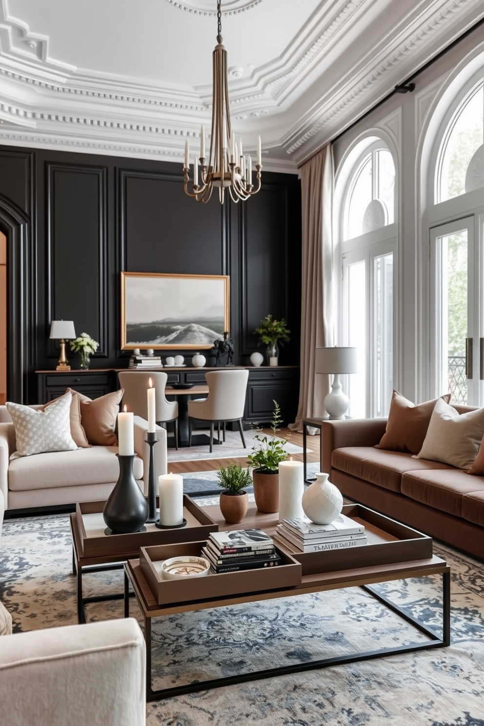 Decorative trays arranged on a stylish coffee table, showcasing a curated selection of candles, books, and small plants. The table is surrounded by plush sofas in soft neutral tones, with an elegant area rug anchoring the space. A European living room design featuring a blend of classic and contemporary elements. High ceilings with ornate moldings complement a modern chandelier, while large windows draped in flowing fabrics allow natural light to fill the room.