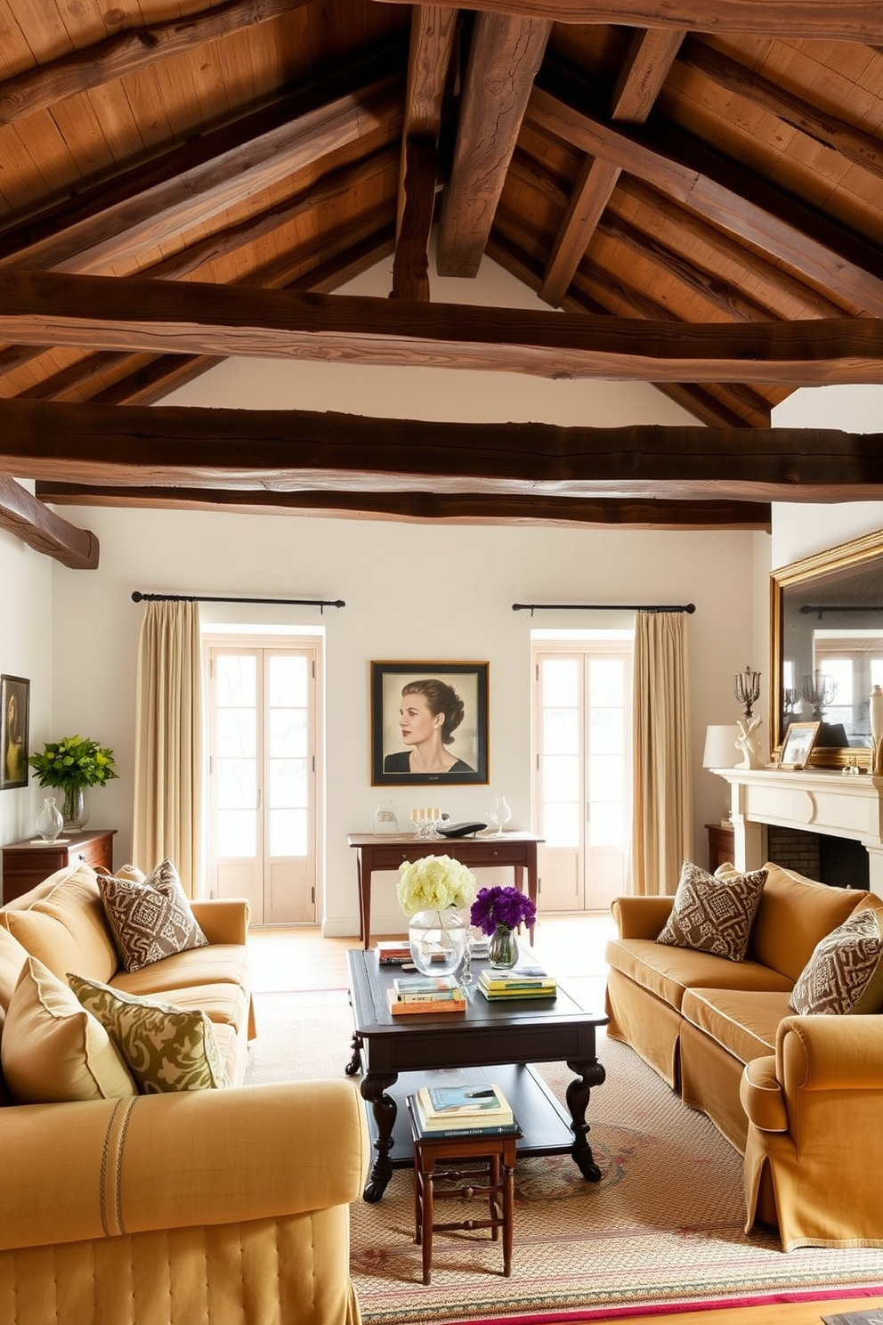 A classic European living room featuring exposed wood beams that add rustic charm to the space. The room is adorned with plush sofas in warm tones, complemented by a vintage coffee table and elegant decor pieces.