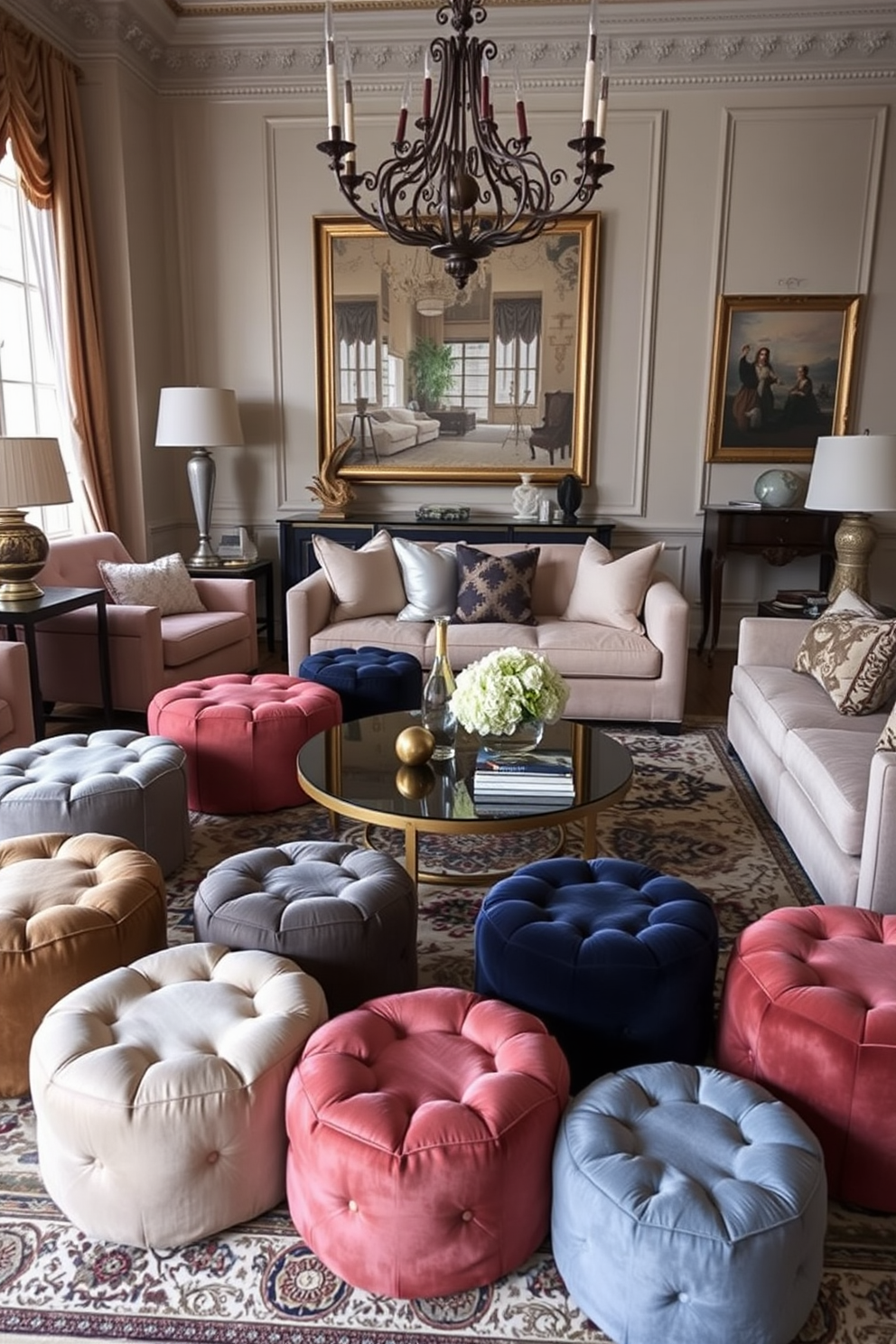 A stylish European living room features a mix of elegant poufs in various textures and colors arranged around a central coffee table. The space is adorned with plush sofas, intricate rugs, and tasteful artwork that harmonizes with the poufs to create an inviting atmosphere.