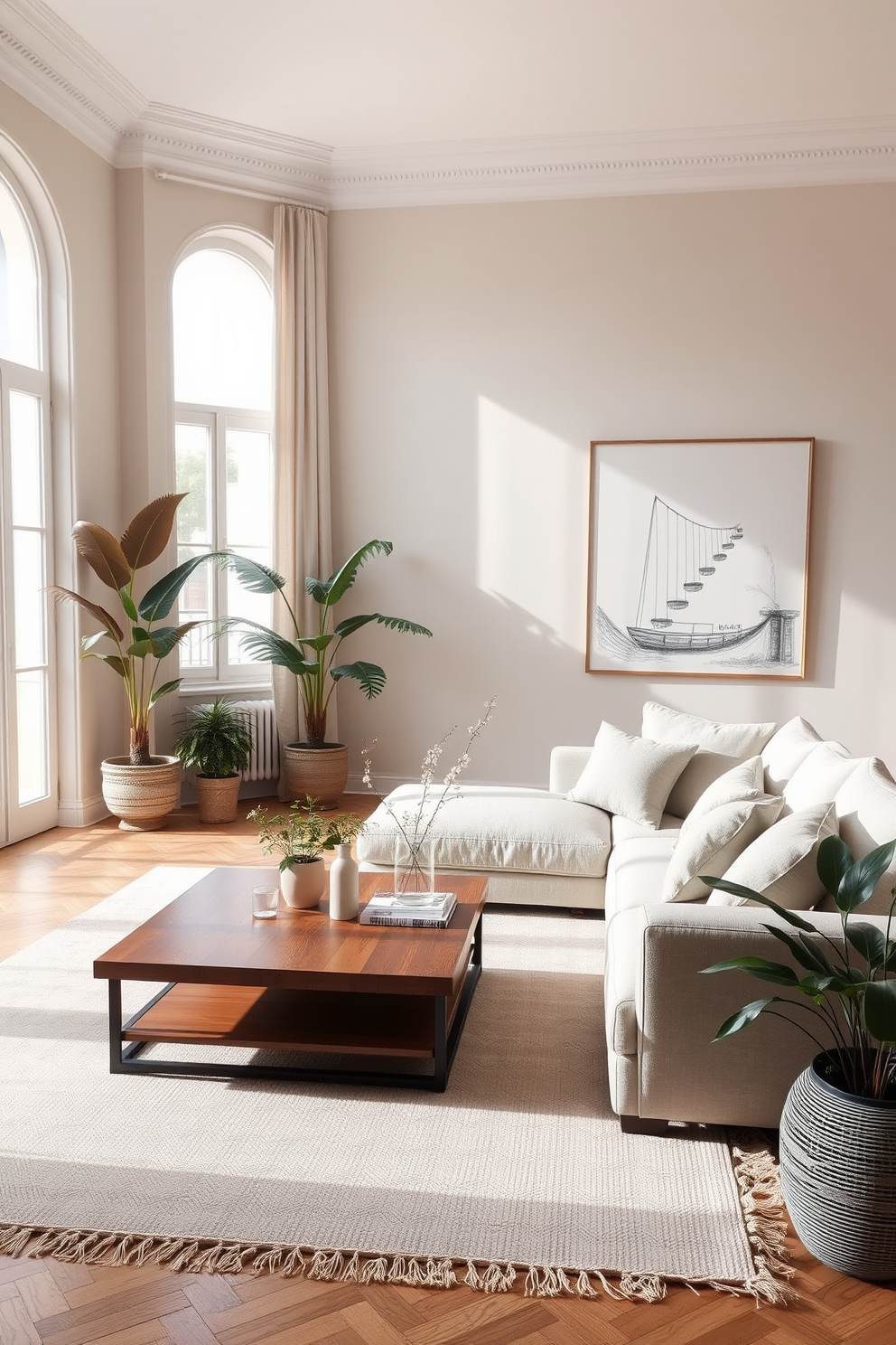 A serene European living room featuring a neutral color palette with soft beige and light gray hues. The space is adorned with a plush sectional sofa, a wooden coffee table, and elegant artwork that complements the calming tones. Large windows allow natural light to flood the room, enhancing the tranquil ambiance. A cozy area rug sits beneath the coffee table, while potted plants add a touch of greenery to the sophisticated setting.