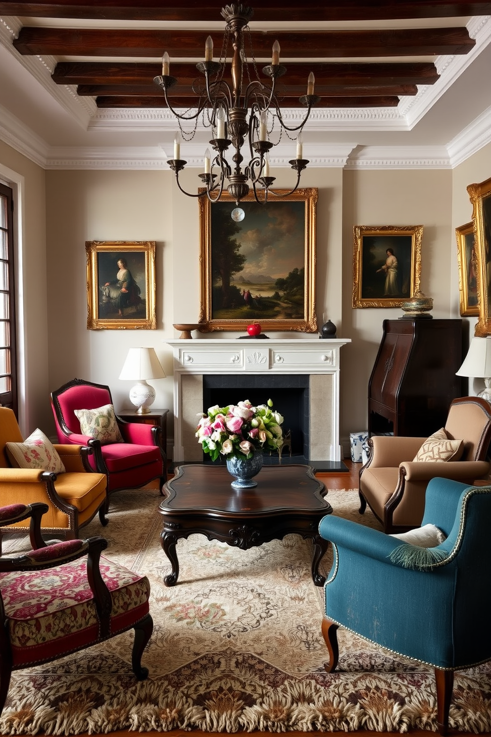 A cozy European living room filled with vintage furniture pieces that add unique character. An ornate wooden coffee table sits at the center, surrounded by mismatched upholstered chairs in rich fabrics and colors. The walls are adorned with classic artwork in gilded frames, enhancing the room's charm. A plush area rug anchors the space, and a vintage chandelier hangs from the ceiling, casting a warm glow.