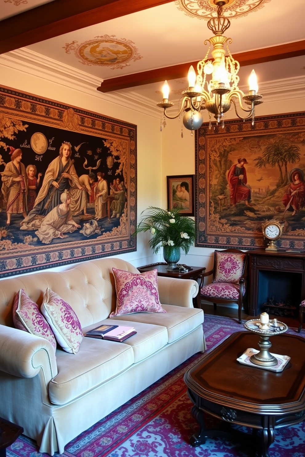 A cozy European living room adorned with rich wall tapestries that add artistic flair to the space. The room features a plush velvet sofa, an ornate coffee table, and a vintage chandelier that casts a warm glow over the intricate patterns of the tapestries.