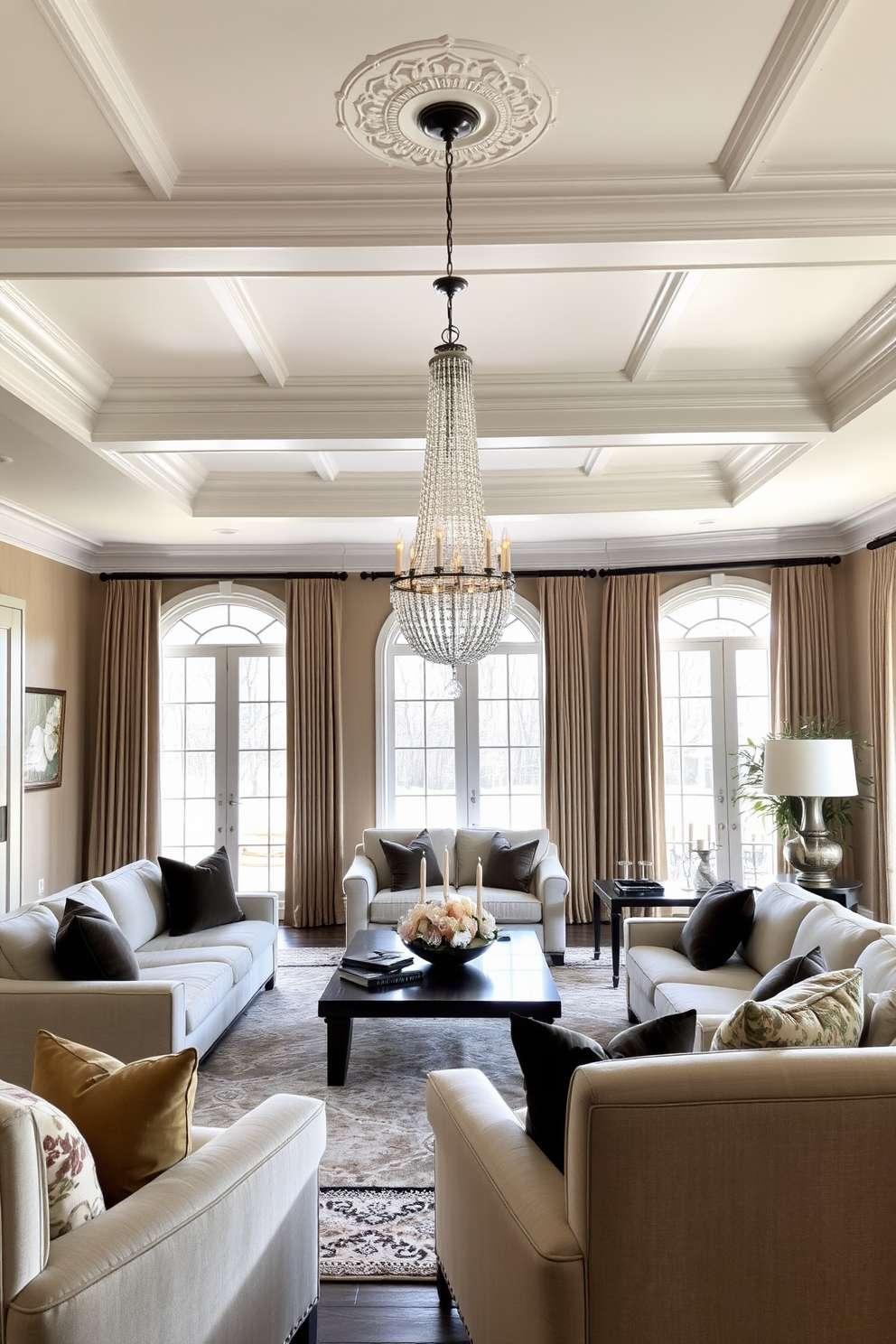 Crown molding elegantly frames the ceiling, adding a touch of sophistication to the space. The living room features plush furniture in neutral tones, complemented by rich textures like velvet and silk. Large windows allow natural light to flood the room, enhancing the airy atmosphere. A statement chandelier hangs gracefully, providing both illumination and a focal point for the design.