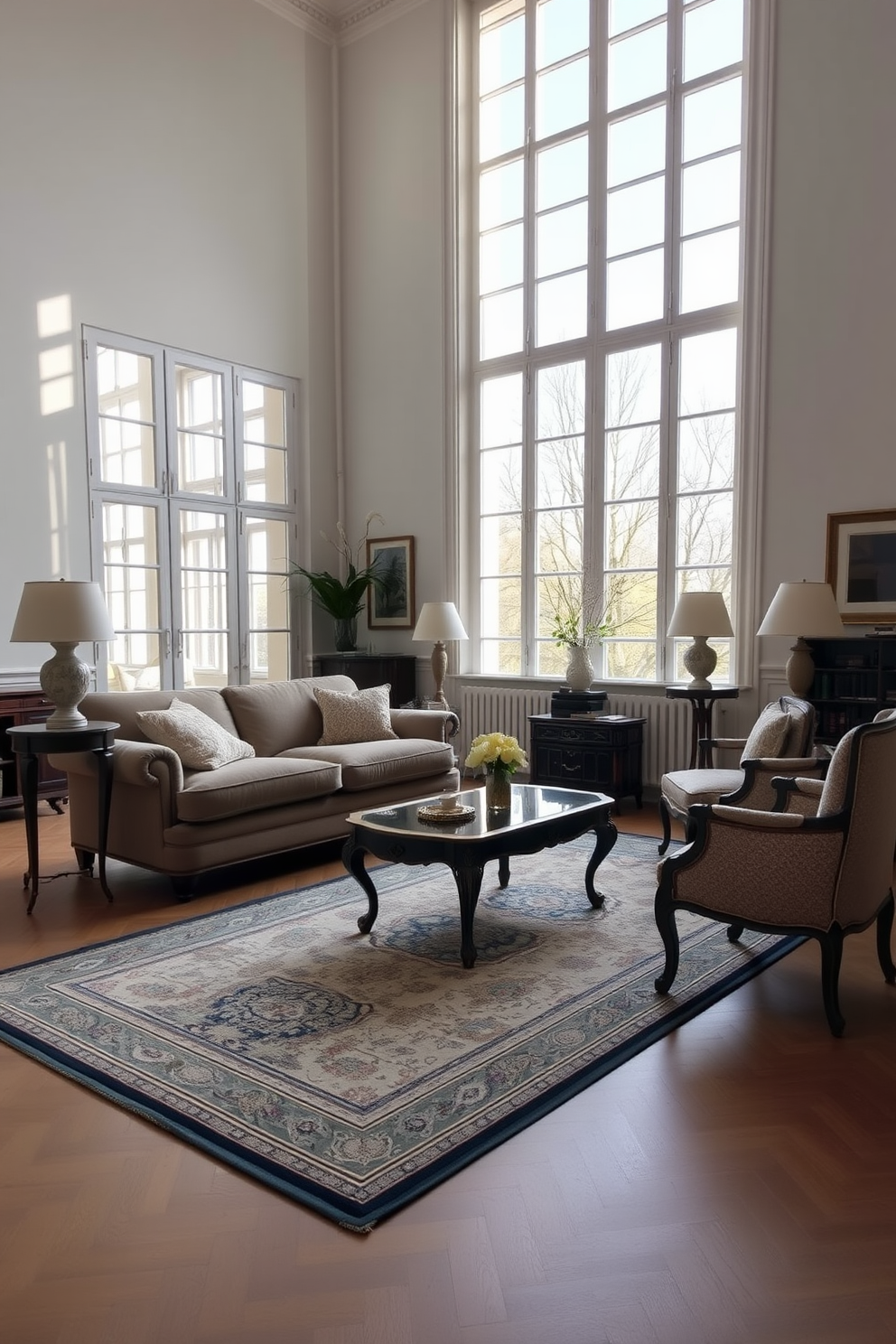 A spacious European living room filled with natural light from large floor-to-ceiling windows. The room features elegant furnishings including a plush sofa, antique coffee table, and a stylish area rug that ties the space together.