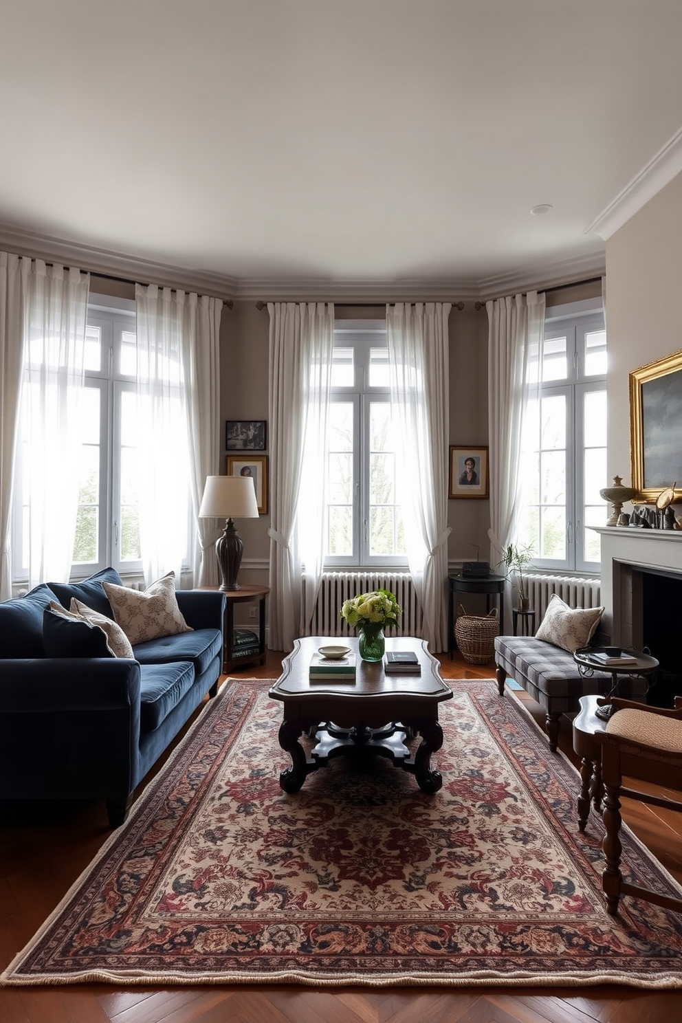 A cozy European living room that blends modern and traditional styles. The space features a plush velvet sofa in a deep navy color paired with a classic wooden coffee table with intricate carvings. Large windows draped in sheer white curtains allow natural light to fill the room. A vintage area rug with ornate patterns anchors the seating area, while contemporary art pieces adorn the walls.