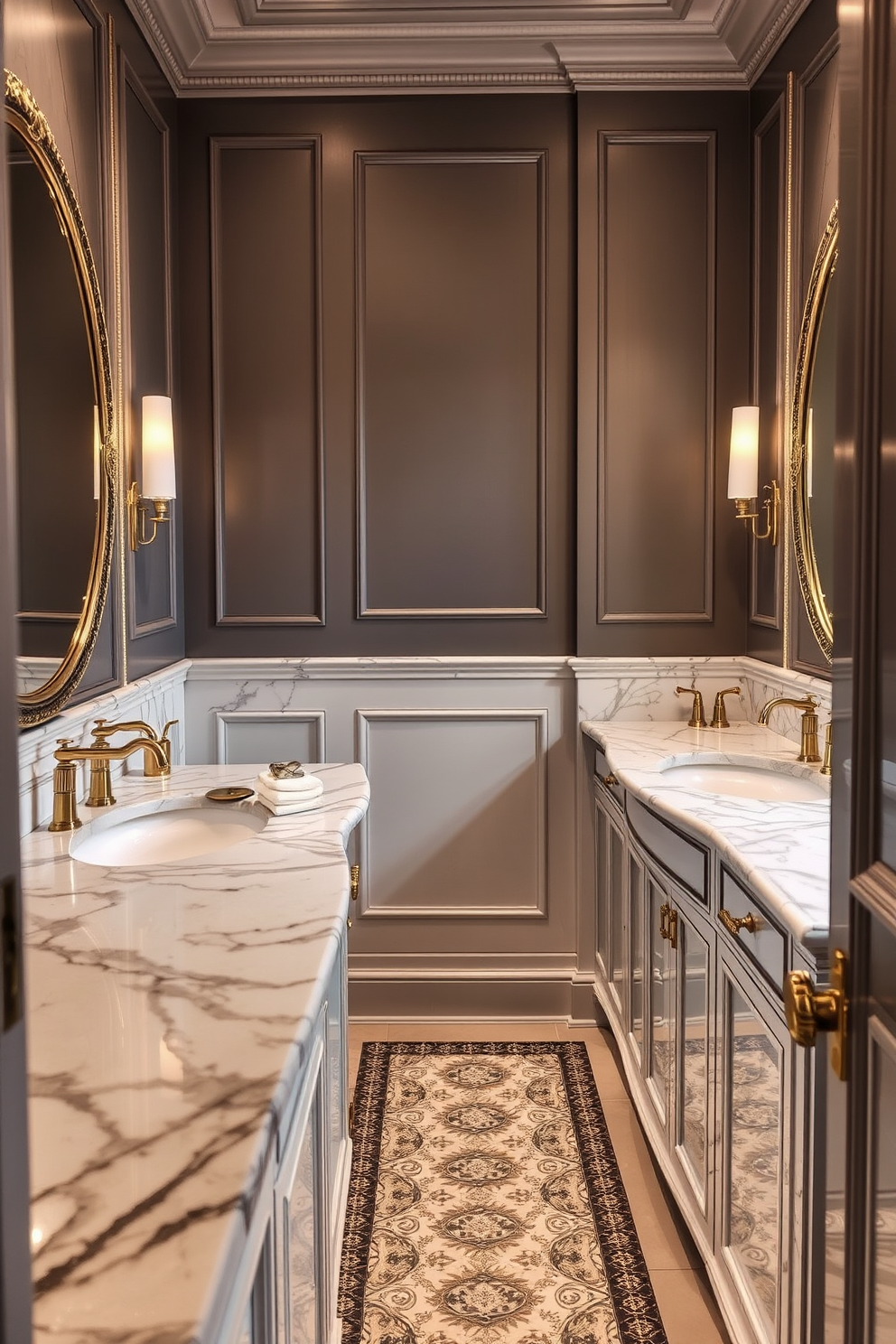 Elegant marble countertops with gold fixtures create a luxurious atmosphere in a European powder room. The space features intricate tile work on the floor and soft ambient lighting that enhances the opulence of the design.