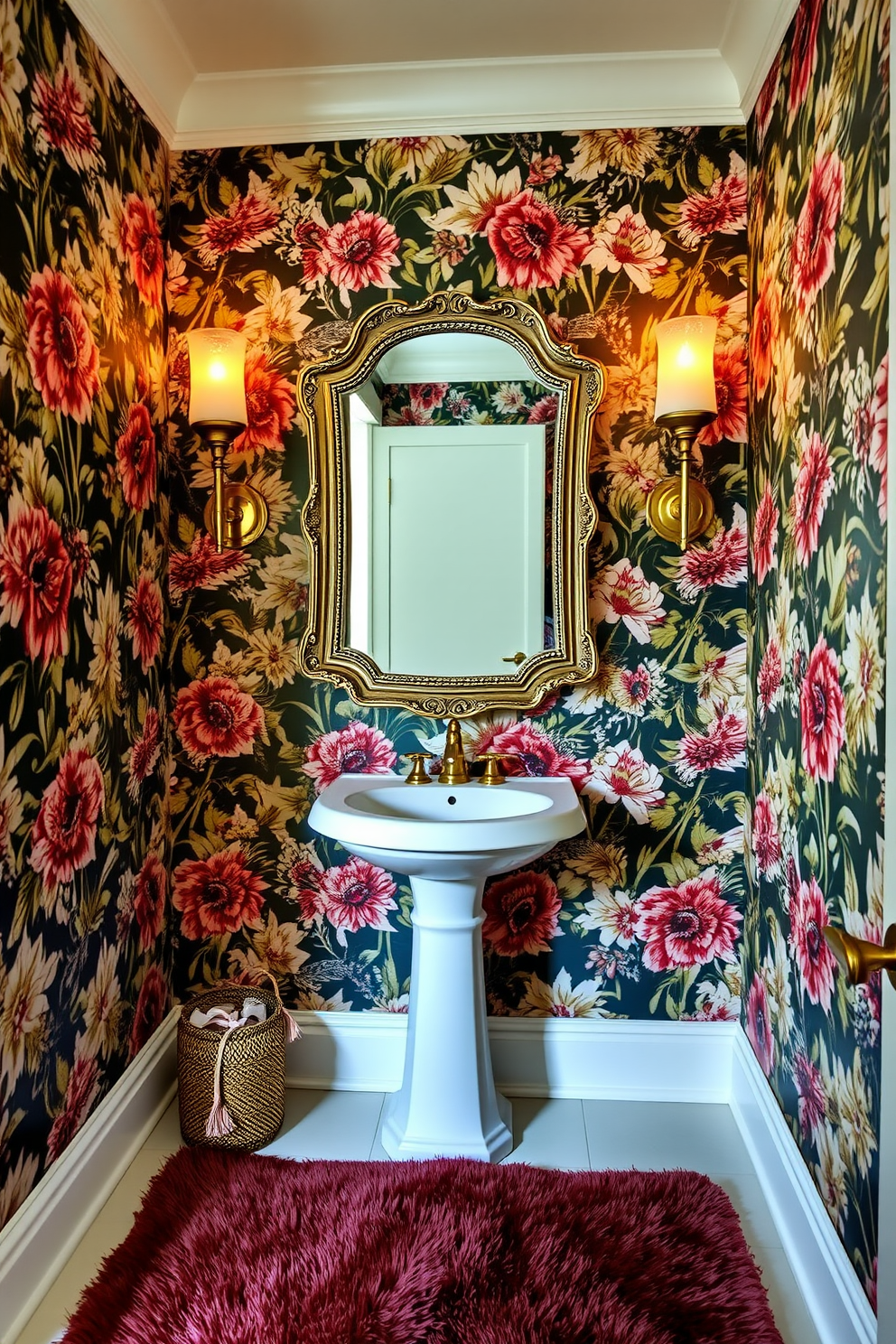 A stunning powder room features bold floral wallpaper that creates a dramatic focal point. The space is enhanced by a sleek pedestal sink and a vintage-style mirror with an ornate frame. Elegant sconces on either side of the mirror provide warm lighting, highlighting the intricate patterns of the wallpaper. A plush area rug in rich colors adds comfort and style to the floor, completing the luxurious ambiance.