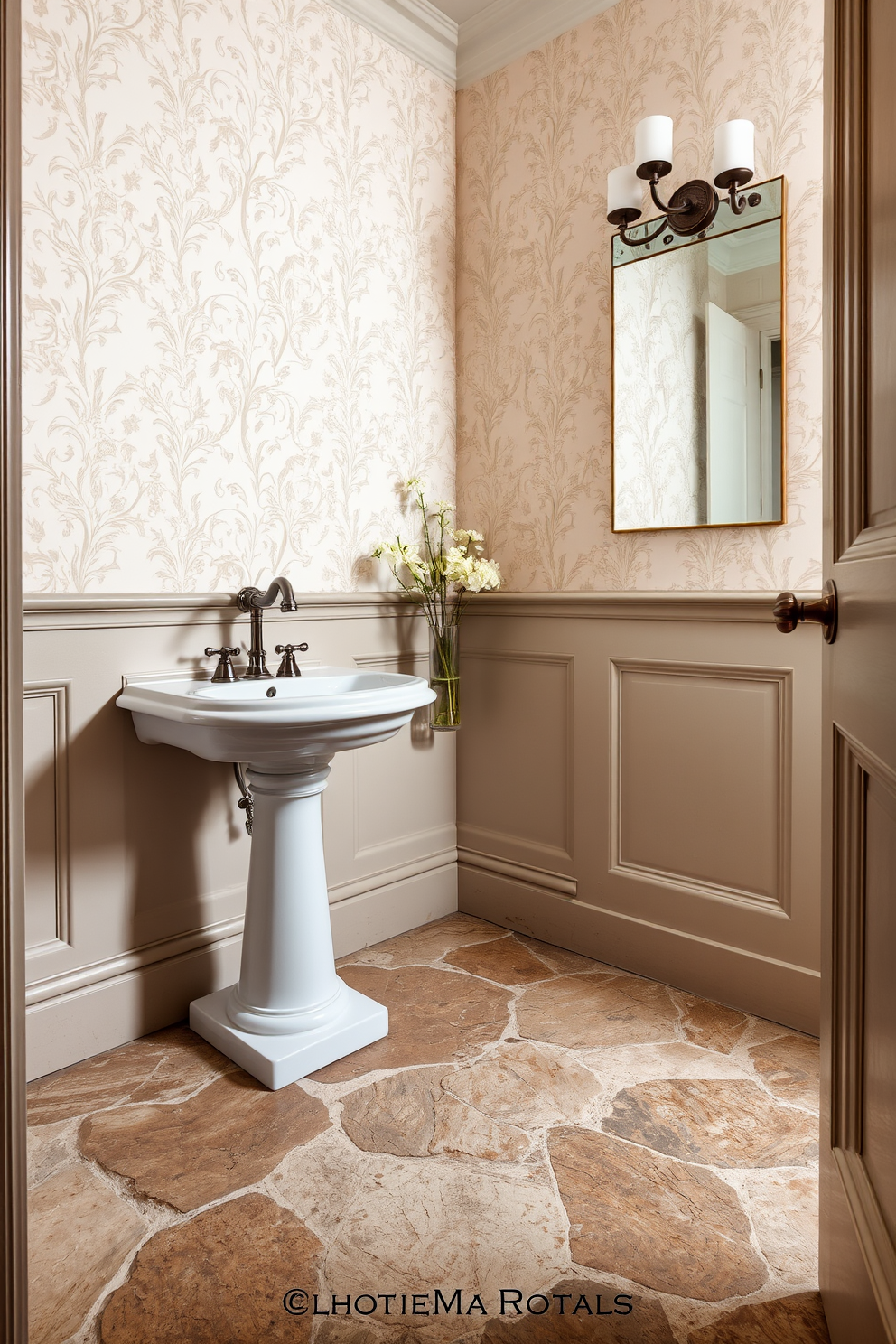 A European powder room featuring natural stone flooring that enhances the earthy feel of the space. The walls are adorned with elegant wallpaper in soft hues, and a vintage pedestal sink sits against one wall, complemented by a classic wall-mounted faucet.