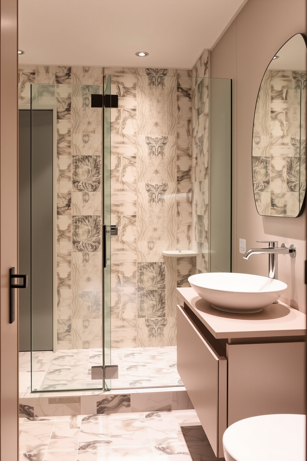 A stylish European powder room featuring a glass shower enclosure adorned with elegant tiles. The walls are painted in a soft pastel hue, complemented by a sleek floating vanity with a modern sink.