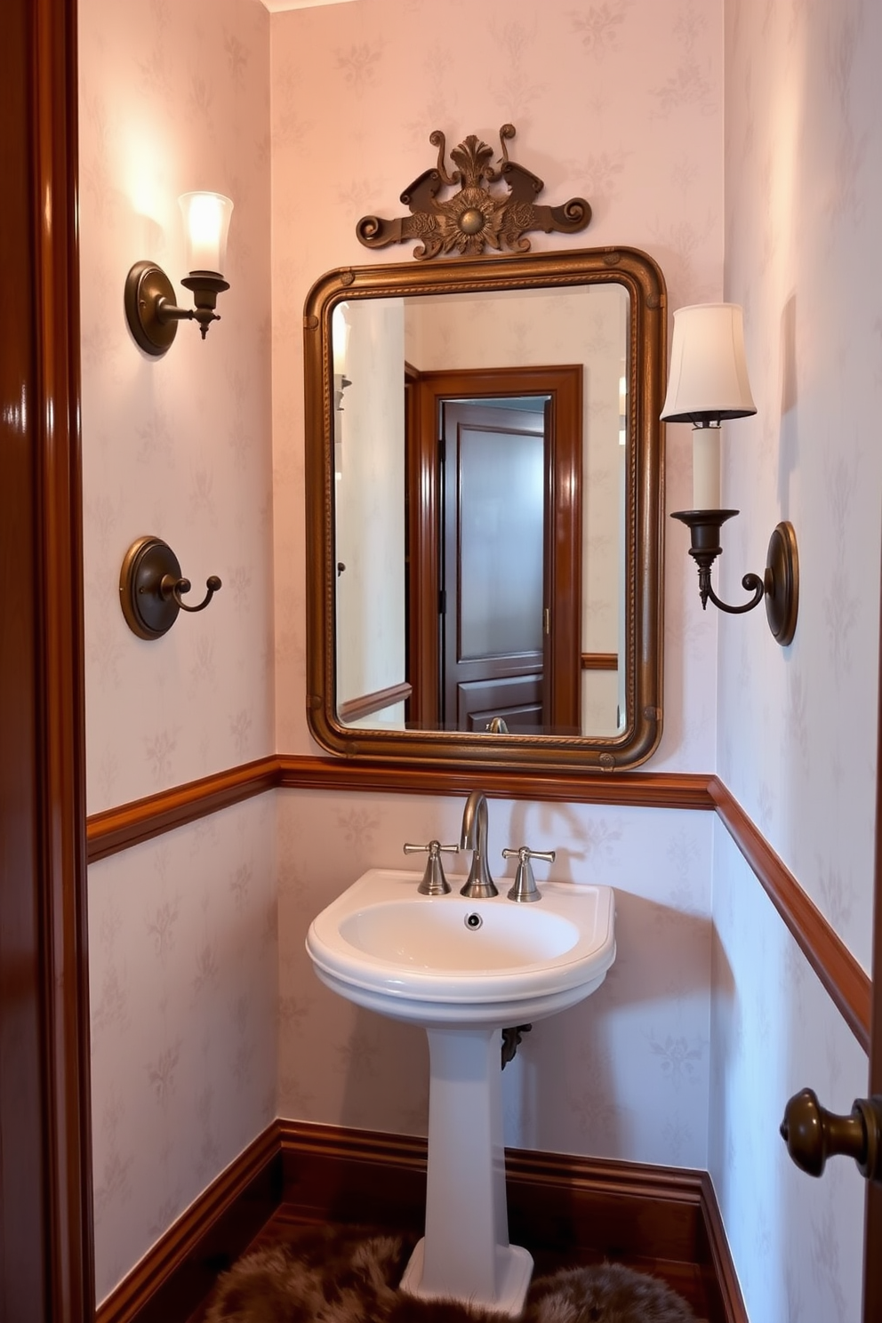 A charming European powder room featuring a vintage wooden ladder repurposed as stylish towel storage. The walls are adorned with delicate floral wallpaper, and a small pedestal sink complements the rustic charm of the space.