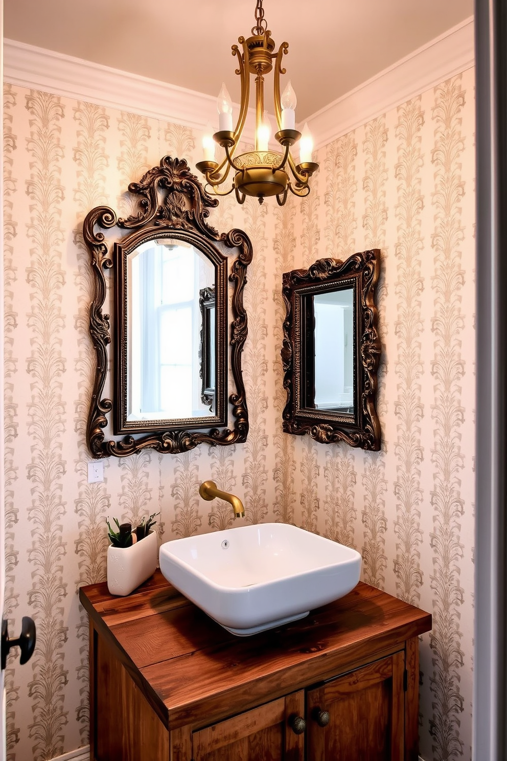 A charming powder room that seamlessly blends modern and vintage decor. The walls are adorned with elegant wallpaper featuring a subtle floral pattern, while a sleek modern sink with a brushed gold faucet sits atop a reclaimed wood vanity. A vintage chandelier hangs from the ceiling, casting a warm glow over the space. Antique mirrors with ornate frames are mounted above the sink, reflecting the stylish mix of contemporary and classic elements throughout the room.