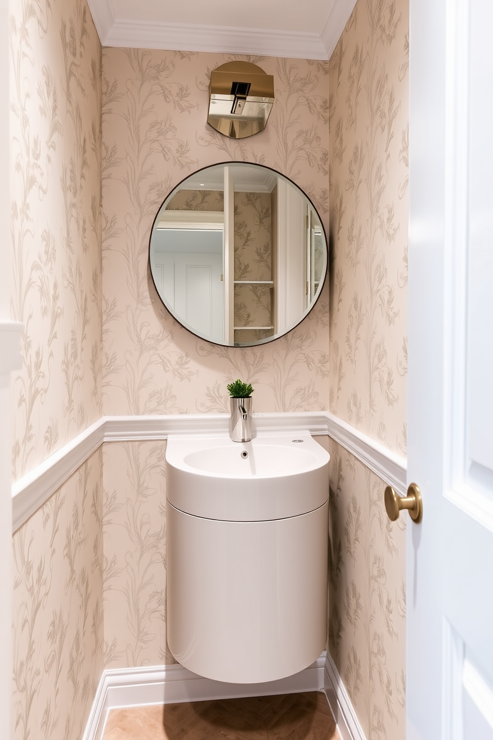 A compact powder room featuring a sleek wall-mounted vanity with a glossy finish and a small round sink. The walls are adorned with elegant wallpaper in soft pastel tones, and a round mirror with a minimalist frame reflects the stylish lighting above. Incorporate a built-in shelving unit beside the vanity to maximize storage without sacrificing style. A small potted plant adds a touch of greenery, and decorative fixtures in brushed nickel complete the sophisticated European aesthetic.