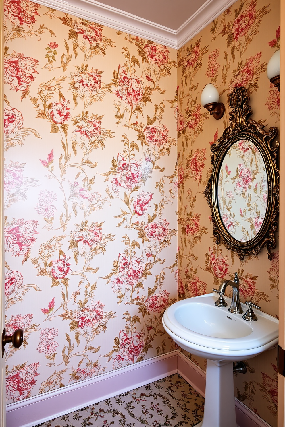 Soft pastel walls create a serene atmosphere in the powder room, complemented by delicate floral accents that add a touch of elegance. A vintage-style pedestal sink sits gracefully against the wall, paired with a round mirror framed in antique gold.