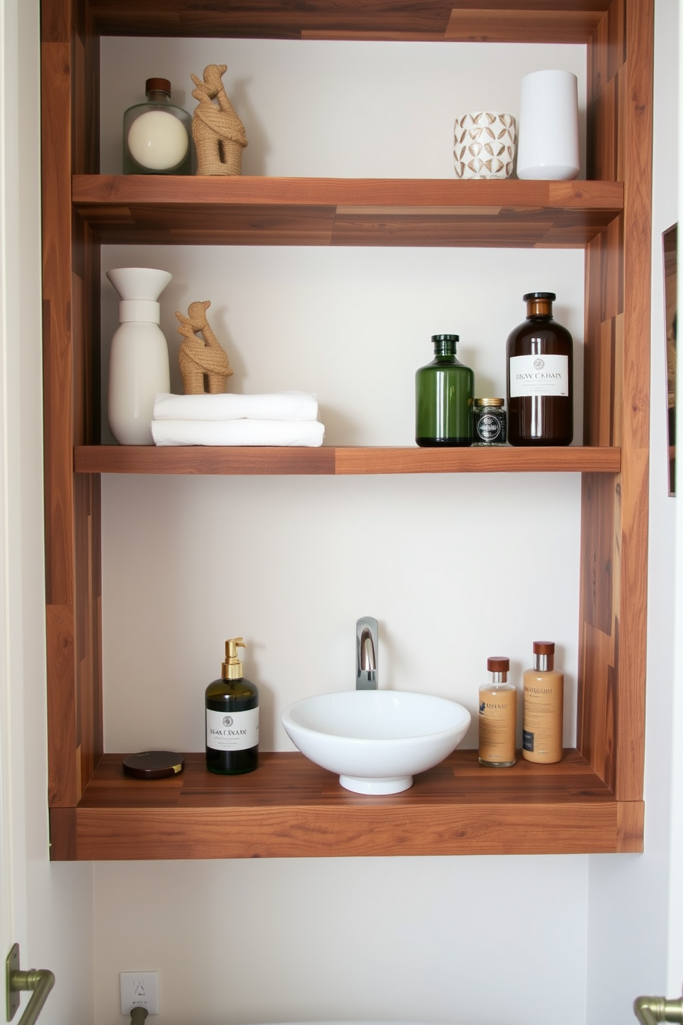 Open shelving elegantly displays decorative items in a European powder room. The shelves are crafted from reclaimed wood and adorned with carefully curated accessories, creating a warm and inviting atmosphere.