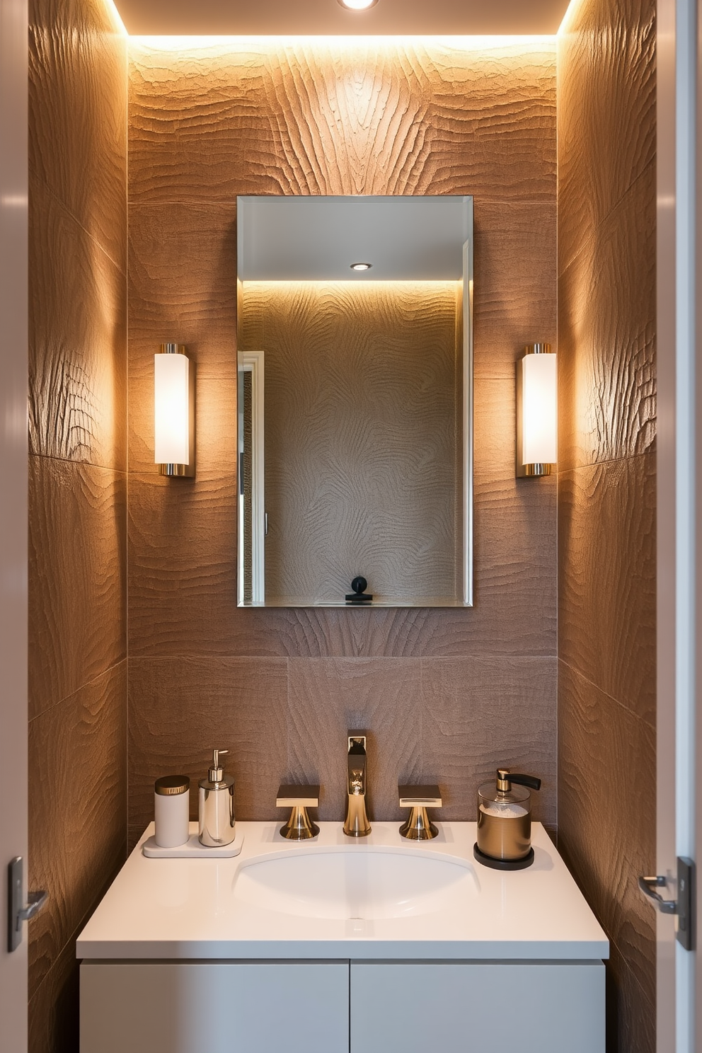 A compact powder room featuring sleek cabinetry that utilizes vertical space for storage. The walls are adorned with light-colored tiles, creating an airy feel, while a small round mirror enhances the room's depth. A minimalist sink with a stylish faucet is mounted on a floating shelf, keeping the floor space open. Soft ambient lighting illuminates the area, complemented by a small potted plant for a touch of greenery.