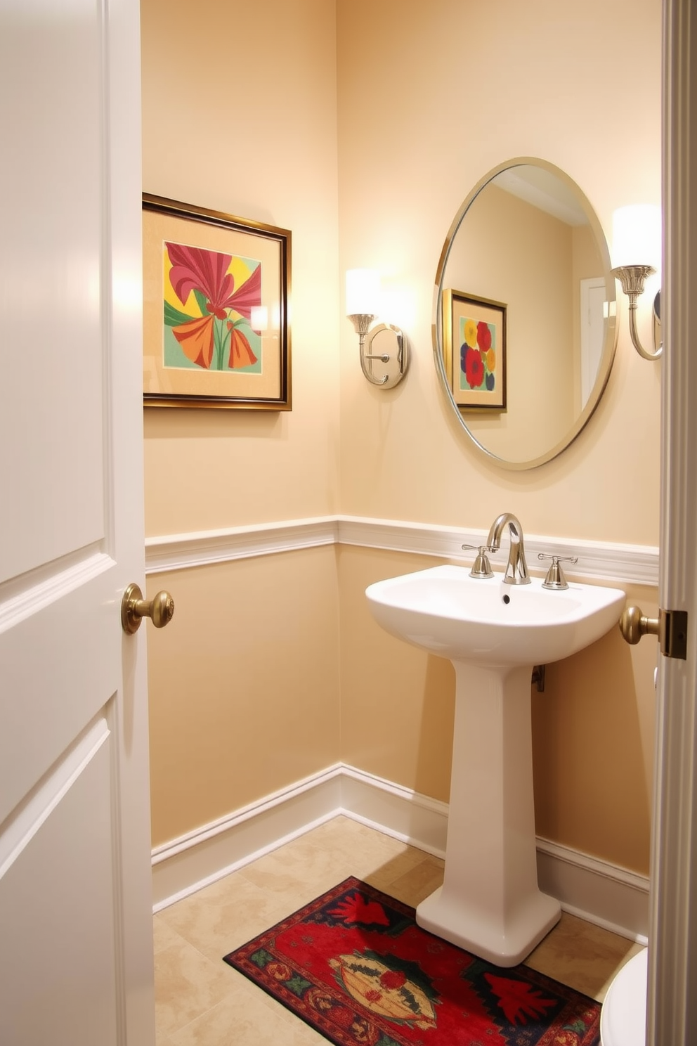 A stylish powder room featuring a neutral color palette accented with vibrant hues. The walls are painted in a soft beige, while colorful artwork adorns the space, adding a touch of personality. A sleek pedestal sink with a modern faucet sits against one wall, complemented by a small, colorful rug beneath it. Elegant sconces provide warm lighting, enhancing the inviting atmosphere of the room.