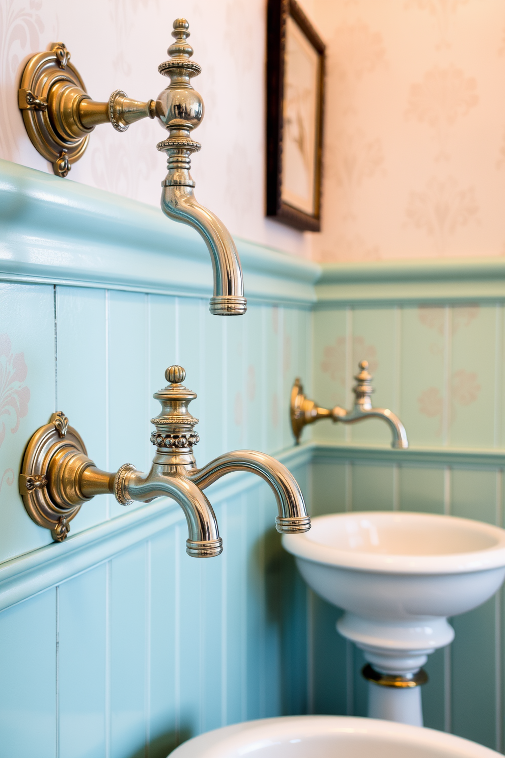 A vintage-inspired powder room features elegant faucets with intricate detailing and a polished finish. The walls are adorned with soft pastel wallpaper, and a classic pedestal sink complements the overall design.