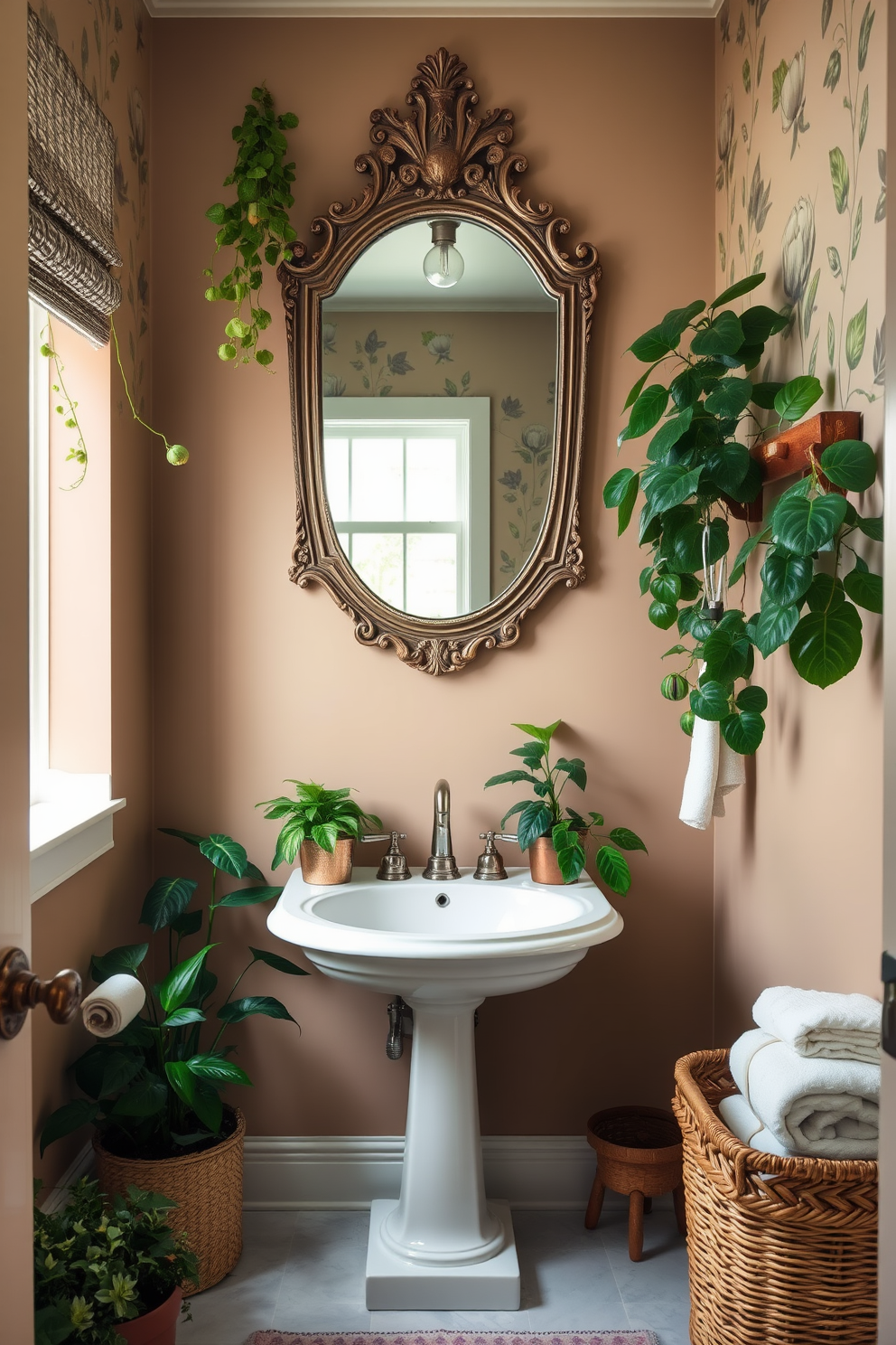 A serene powder room adorned with lush greenery. The walls are painted in soft earth tones, and the space features a stylish pedestal sink surrounded by potted plants. A vintage mirror with an ornate frame hangs above the sink, reflecting the natural light that filters in through a small window. Elegant wallpaper with botanical prints adds a touch of sophistication, while a woven basket holds fresh towels.