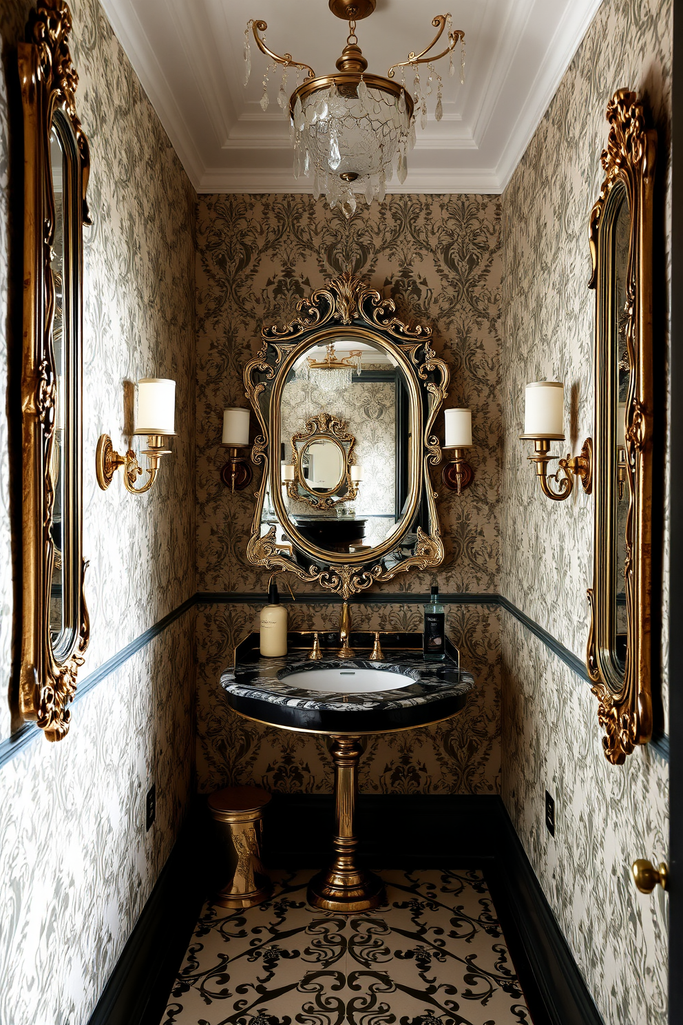 A European powder room features elegant decorative mirrors that enhance the sense of space and depth. The walls are adorned with intricate wallpaper, and the flooring showcases classic patterned tiles that add sophistication.