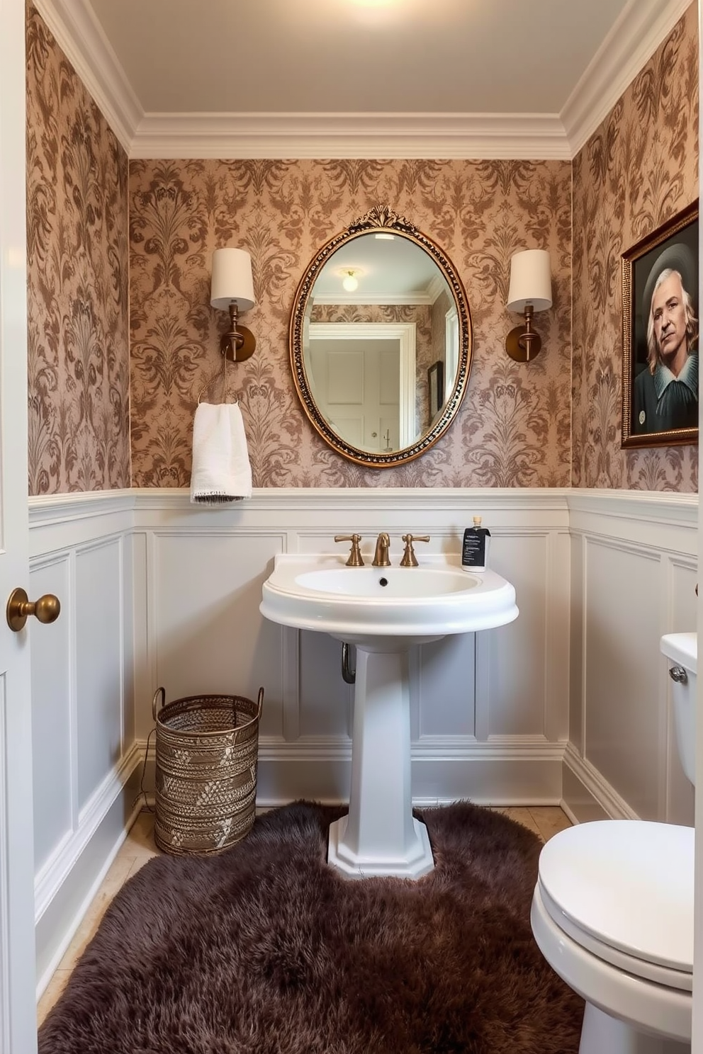 A stylish powder room featuring a plush area rug that adds warmth and comfort to the space. The walls are adorned with elegant wallpaper, and a vintage-style pedestal sink complements the overall European aesthetic.