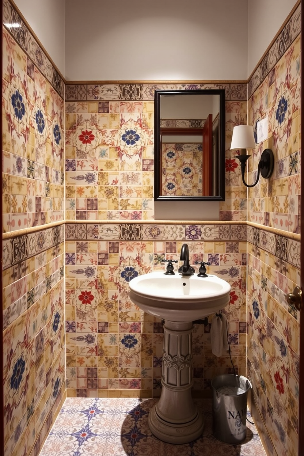 A chic powder room featuring elegant hooks for towels and accessories. The walls are adorned with soft pastel colors and the floor is finished with classic subway tiles.