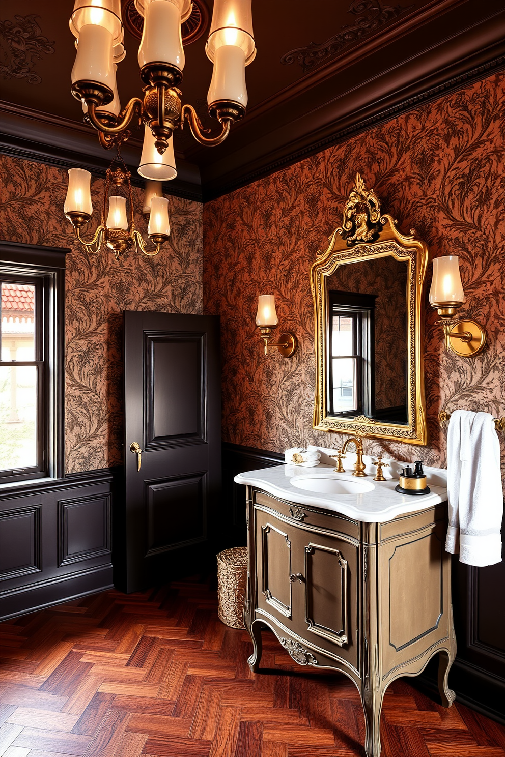 A charming European powder room featuring decorative trays elegantly arranged on a marble countertop. The trays hold an assortment of organized essentials, including hand soap, a small vase of fresh flowers, and neatly rolled towels.