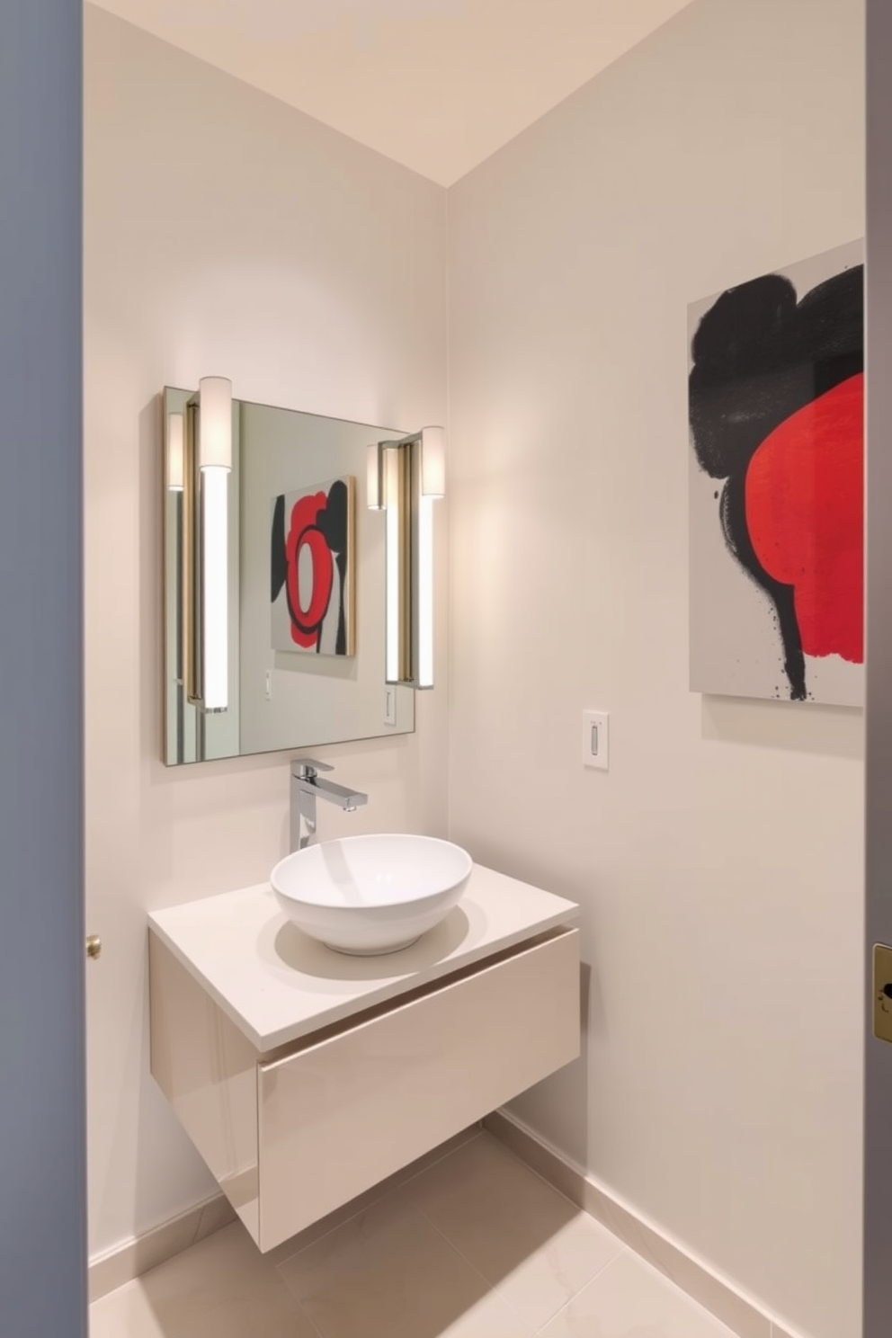 A chic powder room featuring sleek lines and a minimalist aesthetic. The walls are adorned with a bold contemporary art piece that adds a splash of color and personality to the space. The vanity is a floating design with a glossy finish, complemented by a stylish vessel sink. Elegant lighting fixtures frame the mirrors, casting a warm glow and enhancing the modern ambiance.