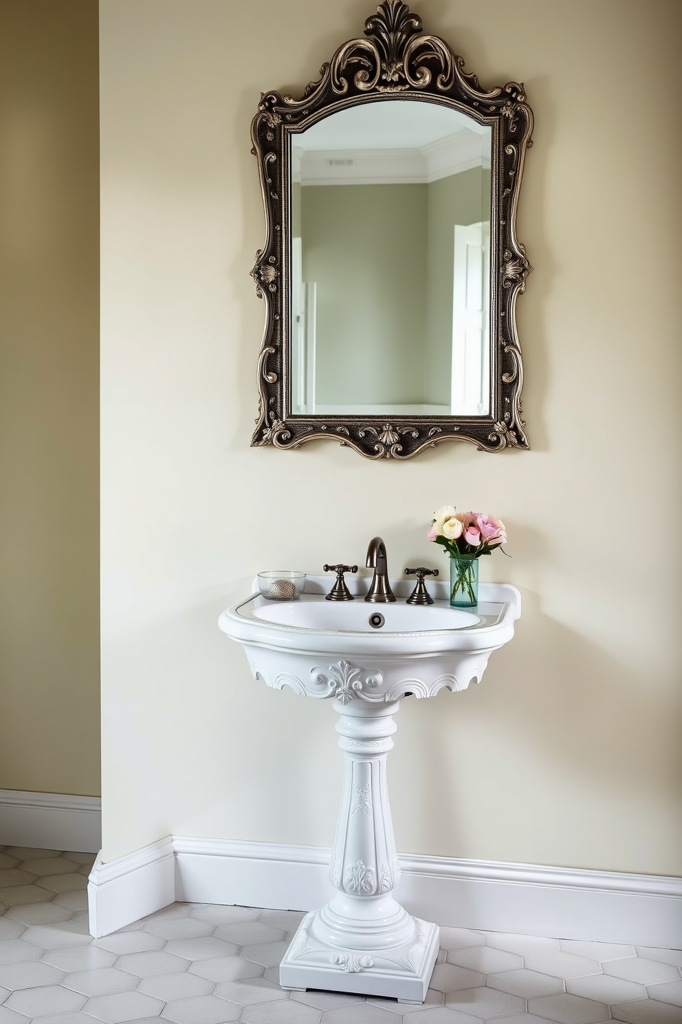 Elegant marble sink with gold fixtures. The powder room features intricate tile work and soft ambient lighting creating a luxurious atmosphere.