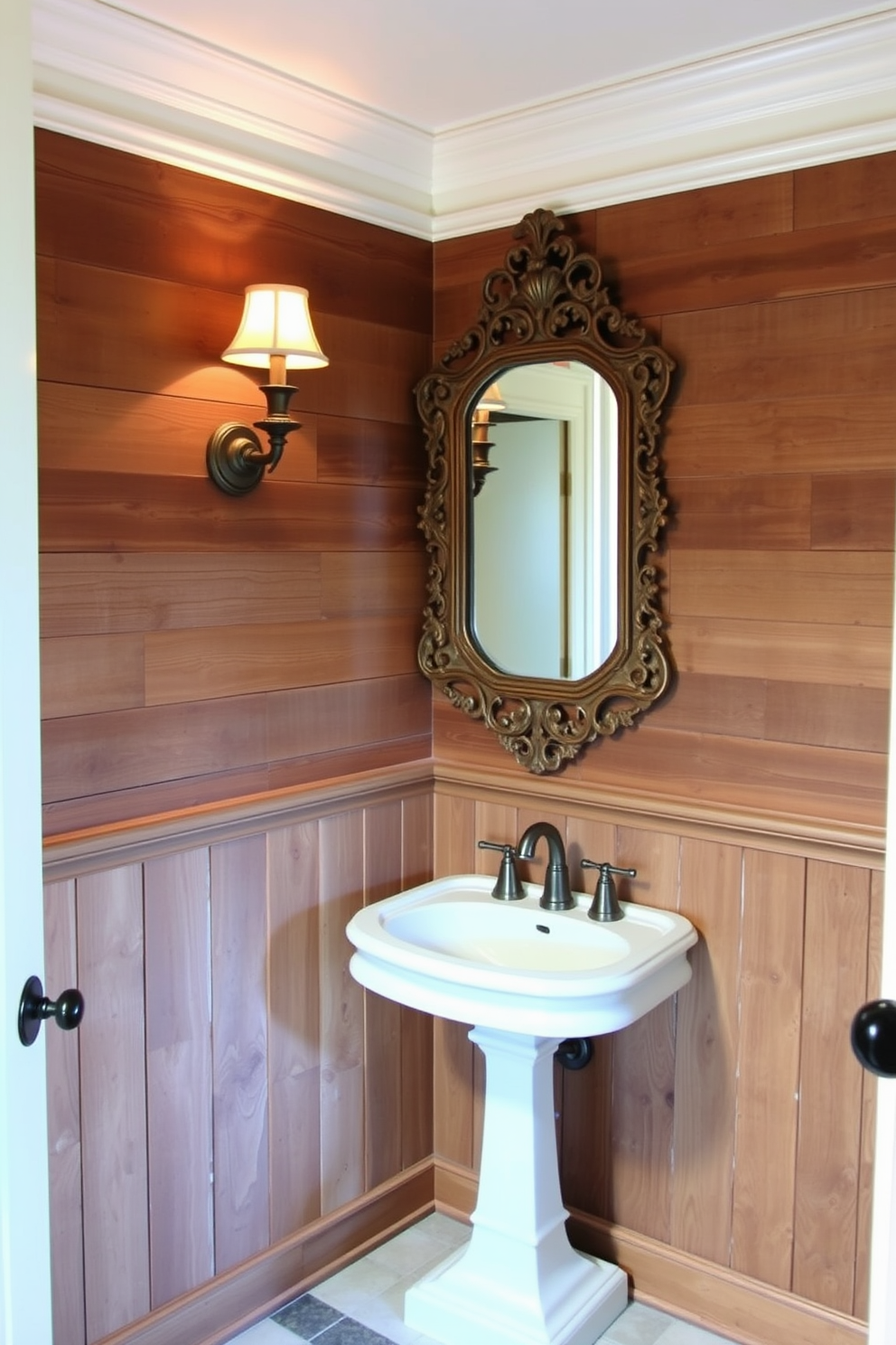 A charming powder room featuring rustic wooden accents that create a warm and inviting atmosphere. Soft lighting from antique sconces casts a gentle glow, highlighting the natural textures of the wood. The walls are adorned with reclaimed wood paneling, adding character and depth to the space. A vintage-style pedestal sink sits against the wall, complemented by an ornate mirror that reflects the cozy ambiance.