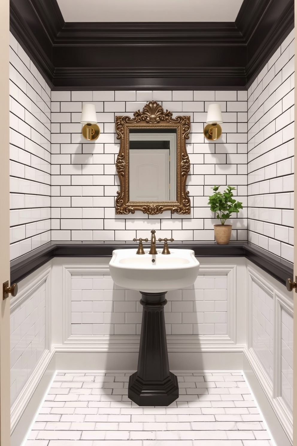 A European powder room features classic subway tiles that are laid in a traditional pattern with black grout, creating a timeless aesthetic. The walls are adorned with elegant wainscoting, and a sleek pedestal sink complements the overall design. A vintage-style mirror with an ornate frame hangs above the sink, enhancing the room's sophistication. Soft lighting fixtures provide a warm ambiance, while a small potted plant adds a touch of greenery to the space.